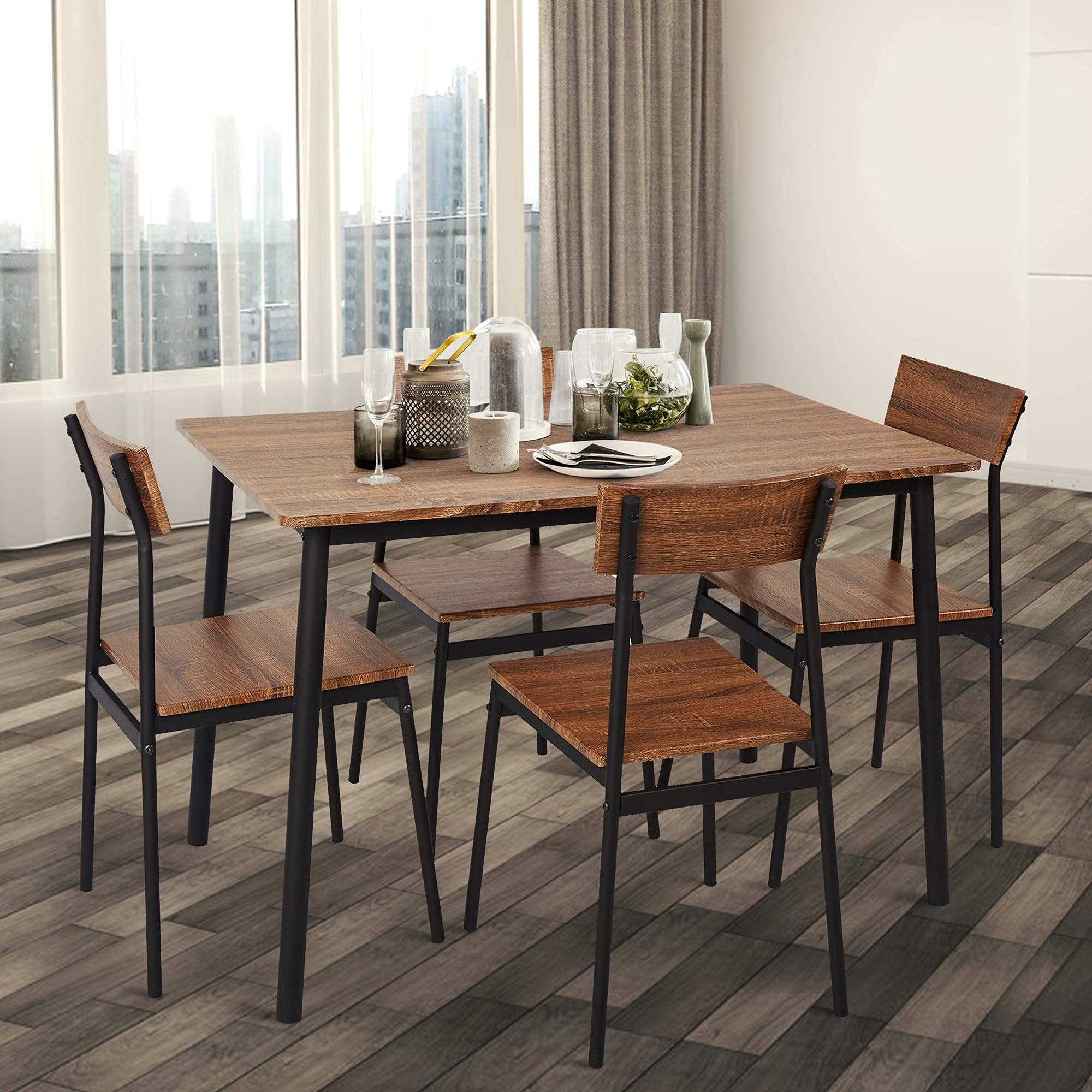 Farmhouse Industrial Style 4-Piece Dining Table Set with Wood & Metal Chairs - Perfect for Small Kitchens, Breakfast Nooks & Compact Living Spaces