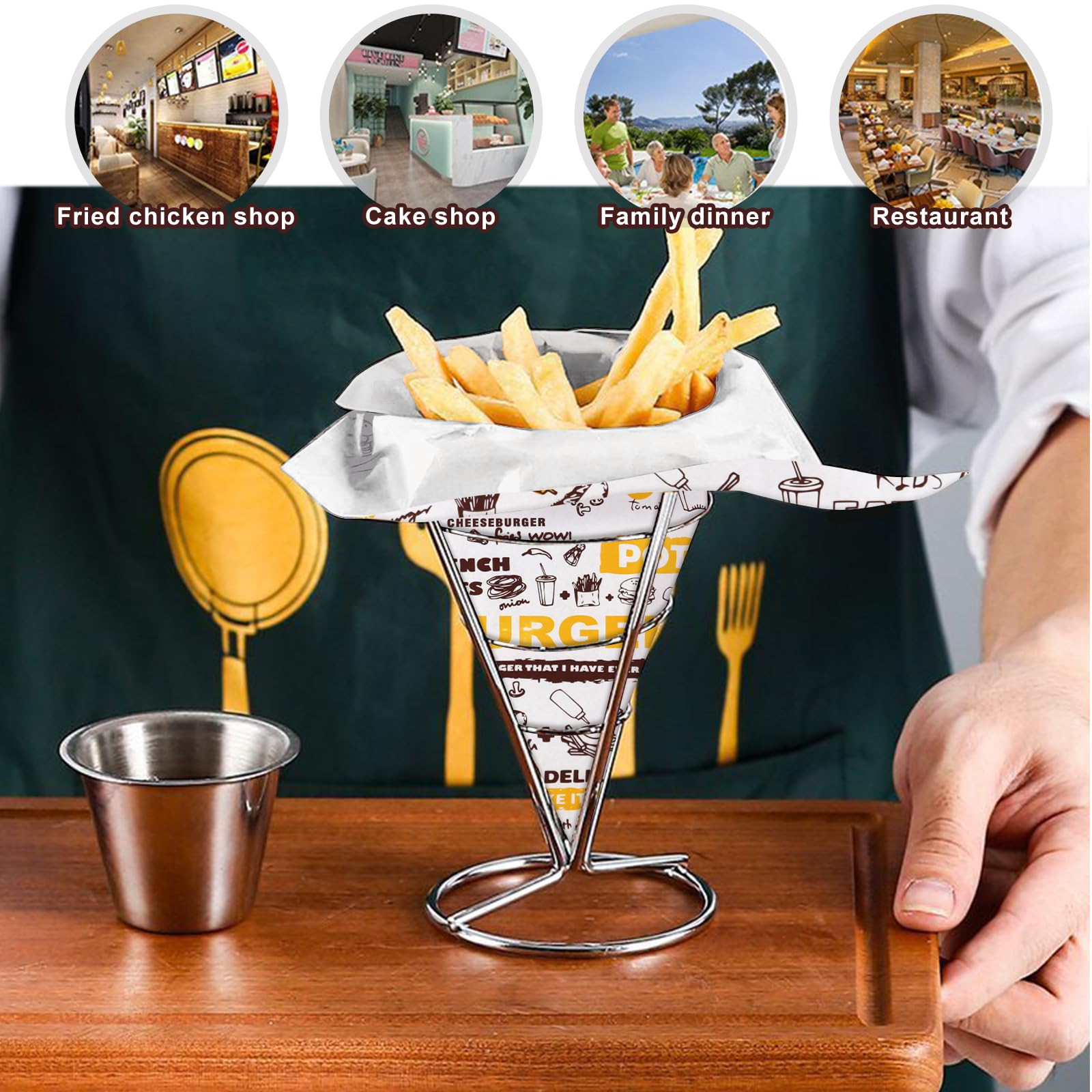 CNQLIS 4-Piece French Fry Holder Set - Stainless Steel Wire Baskets with Sauce Cups & 200 Colorful Deli Grease Papers - Perfect for Restaurants, Food Trucks, and Home Kitchen Use