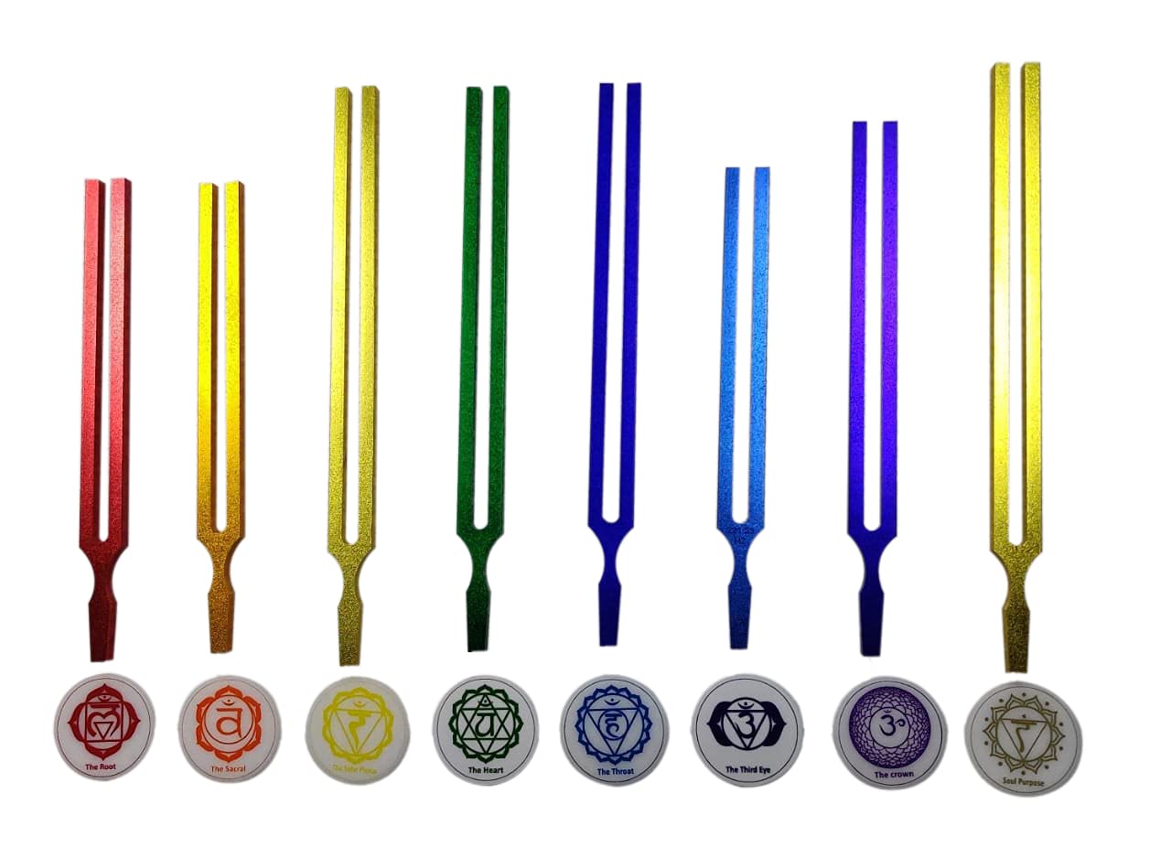 Premium Chakra Healing Tuning Forks Set of 8 - 0.1% Accuracy with Engraved Names & Hz - Color-Coded Chakra Symbols - Includes Pouch & Mallet - Perfect for Energy Healing, Sound Therapy, Meditation & Yoga Practice