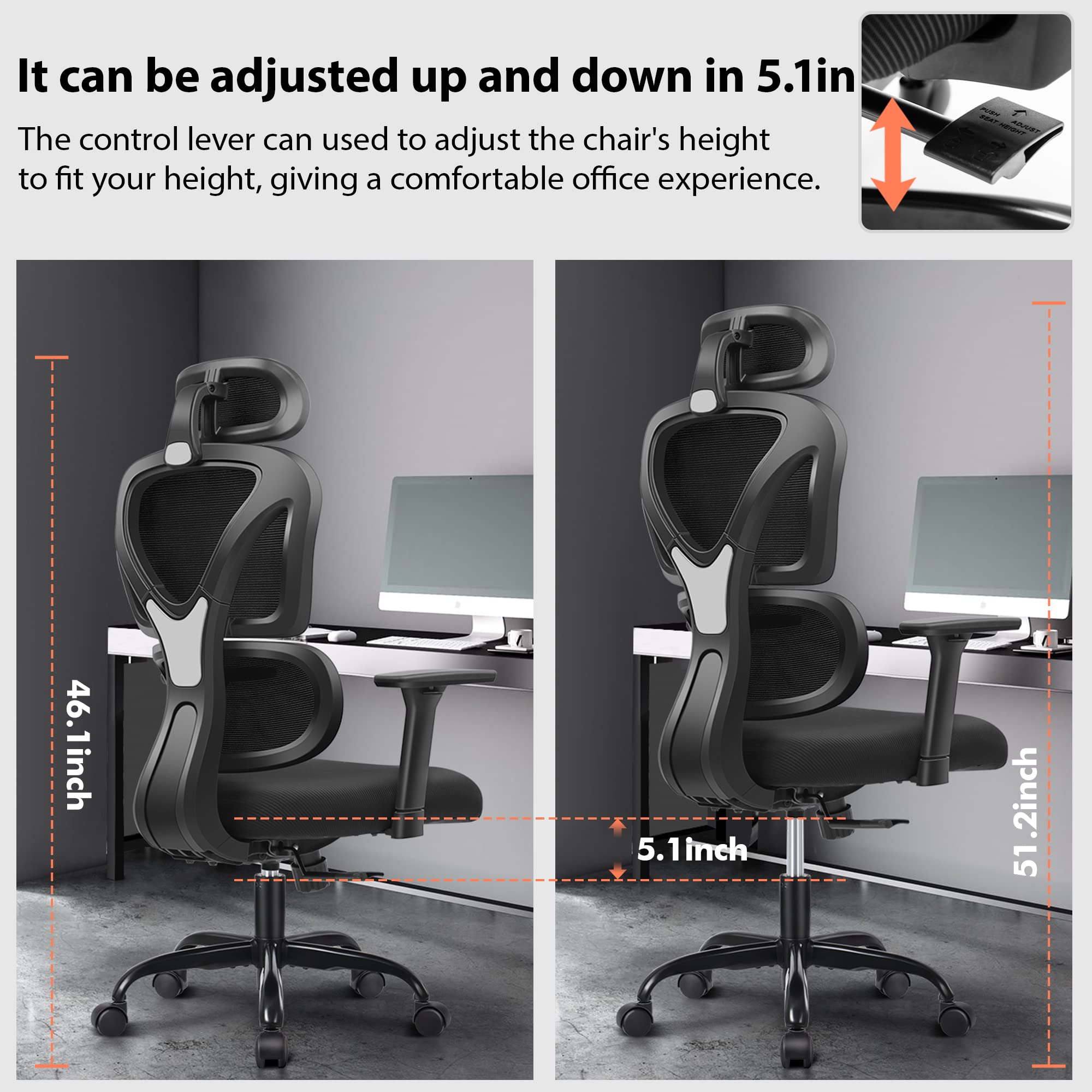 FelixKing Ergonomic Office Chair - High Back Mesh Computer Chair with Adjustable Lumbar Support, Headrest & Armrests - Comfortable Gaming & Desk Chair for Home, Office & School (Black) - Perfect for Long Work Hours, Online Classes & PC Gaming Sessions