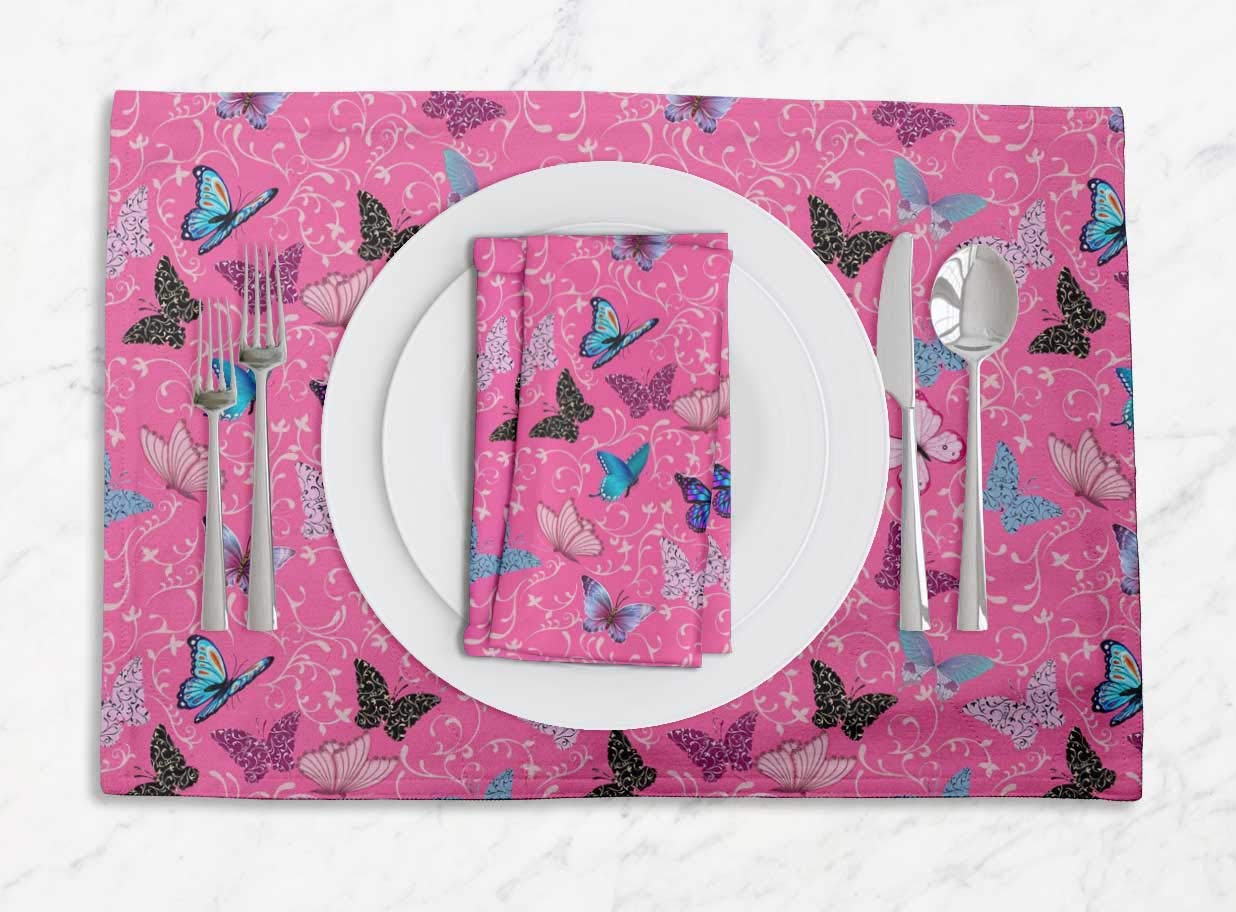 Stylish Pink Butterfly Printed Reversible Table Mats with Napkins Set - Elegant Dining Room Decor for Parties, Weddings & Home Entertaining