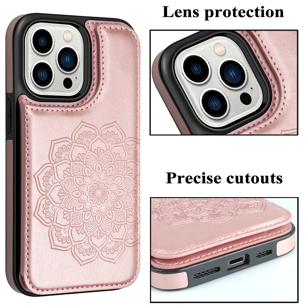 MMHUO Magnetic Wallet Case for iPhone 14 Pro - Flower Design Flip Cover with Card Holder, Slim Protective Phone Case for Women (Rose Gold) | Perfect for Everyday Use, Travel & Shopping