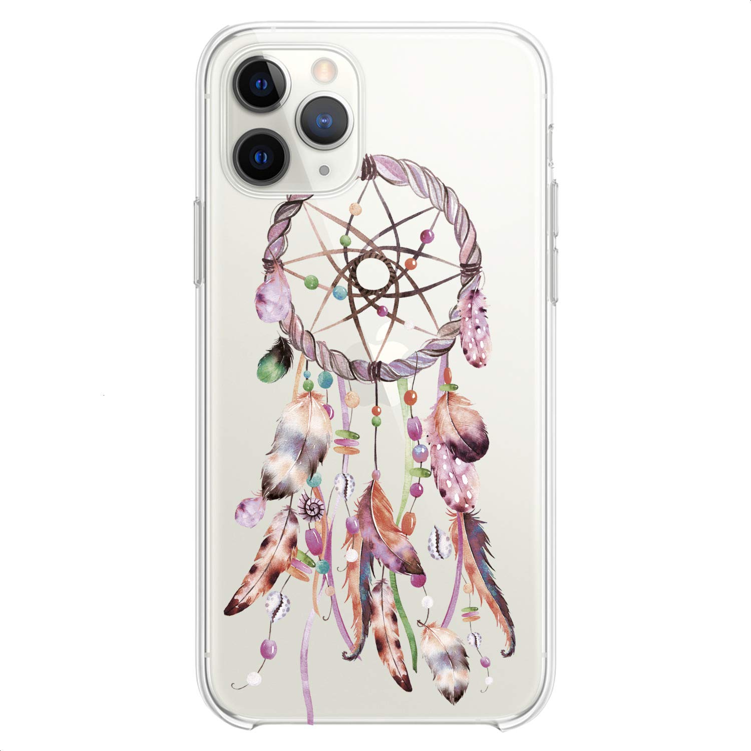 Premium TPU Phone Case for iPhone 16/15/14/13/12/11 Pro Max/Plus/Mini/XS/XR/X/8+/7/6/5/SE - Clear Tribal Totem Design with Cute Pink Feather Catcher - Slim Flexible Silicone Protective Cover for Everyday Use & Trendy Style