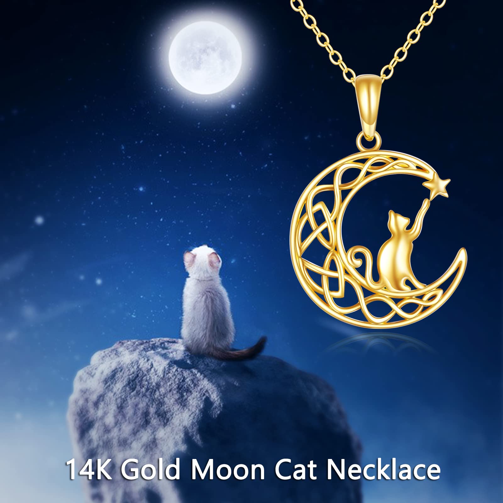 14K Solid Gold Cat Necklace for Women - Elegant Moon Pendant Jewelry, Dainty 16