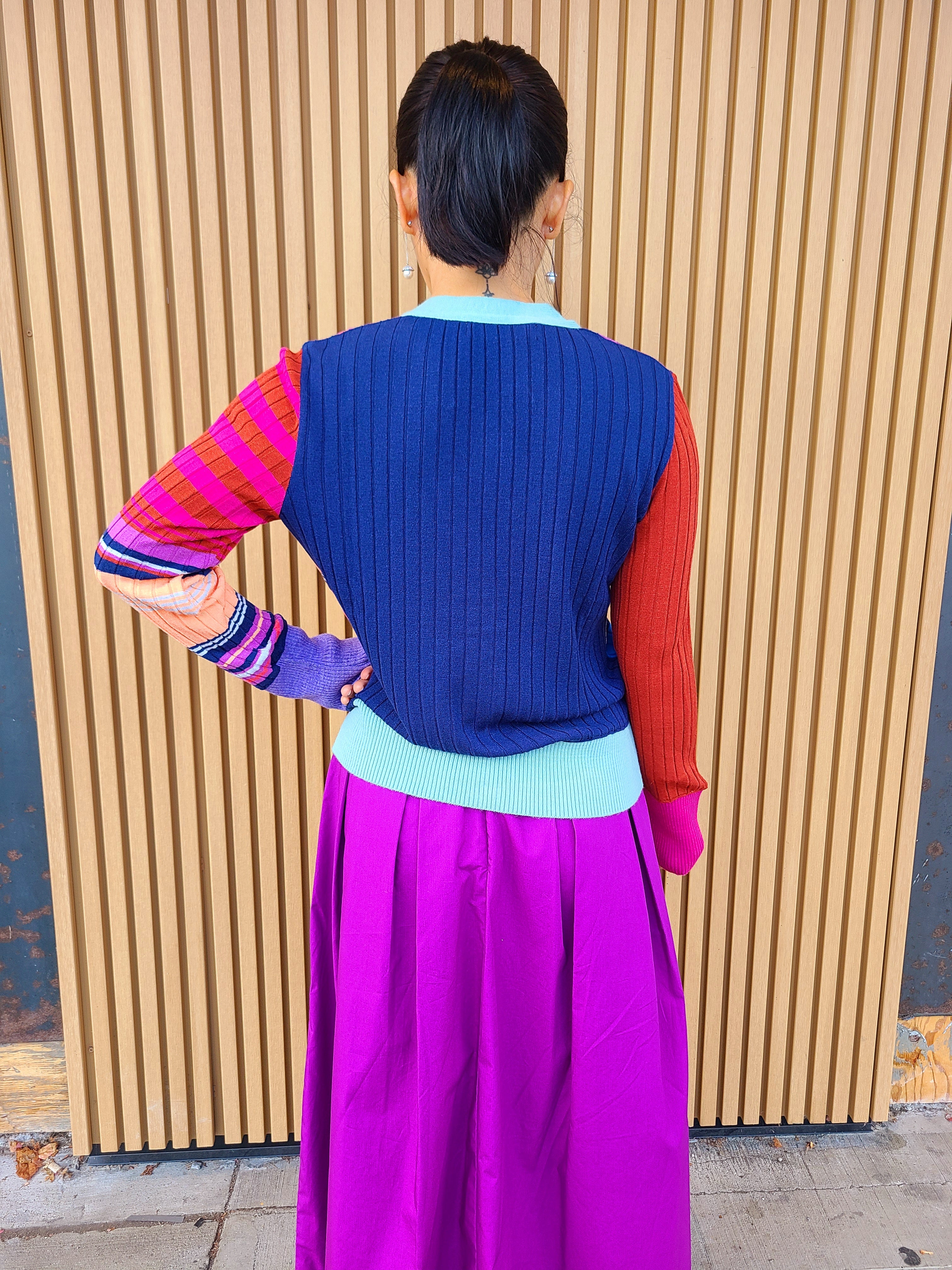Fuji Purple and Pink Striped Cardigan for Women - Soft Knit Long Sleeve Open Front Sweater | Perfect for Office, Date Night & Casual Outfits