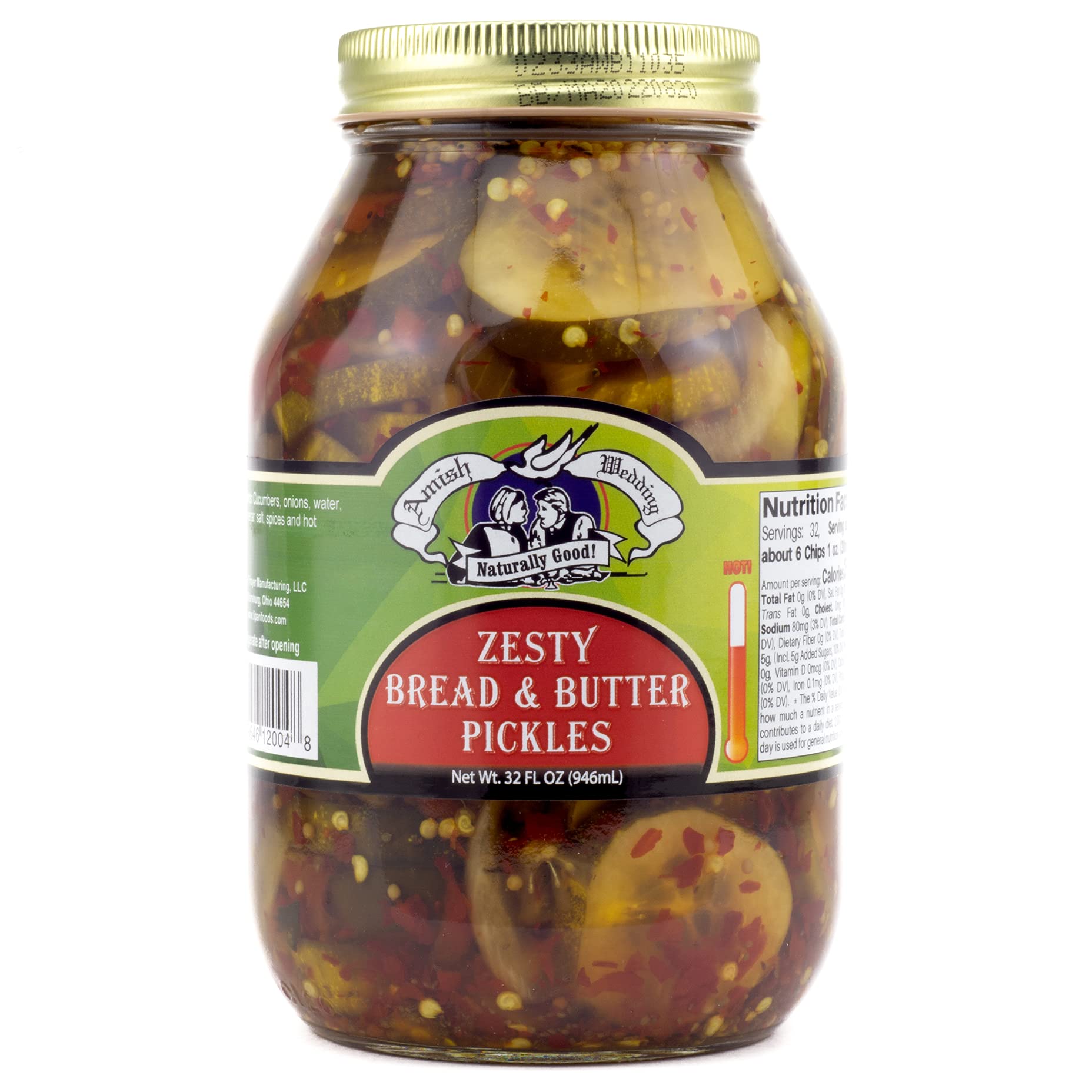 Amish Wedding Zesty Bread & Butter Pickles - Crunchy Sweet & Tangy Pickles in Brine - 32oz Glass Jar - Perfect for Burgers, Sandwiches & Charcuterie Boards