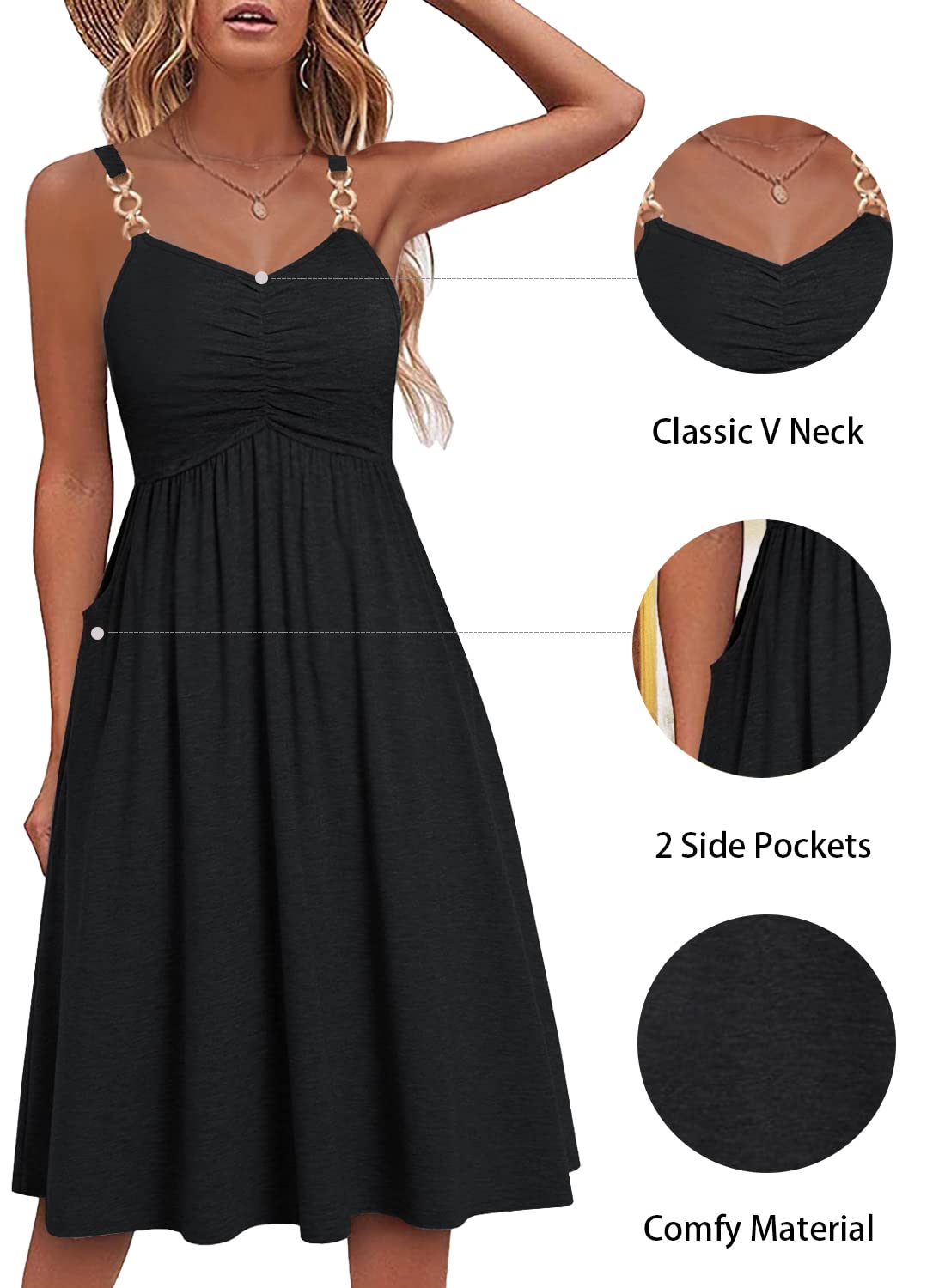 Soesdemo Women's Floral Boho Summer Dress 2025 - Sleeveless V-Neck Spaghetti Strap A-Line Sundress with Pockets | Casual Beach Wear, Vacation Outfit, Garden Party Dress