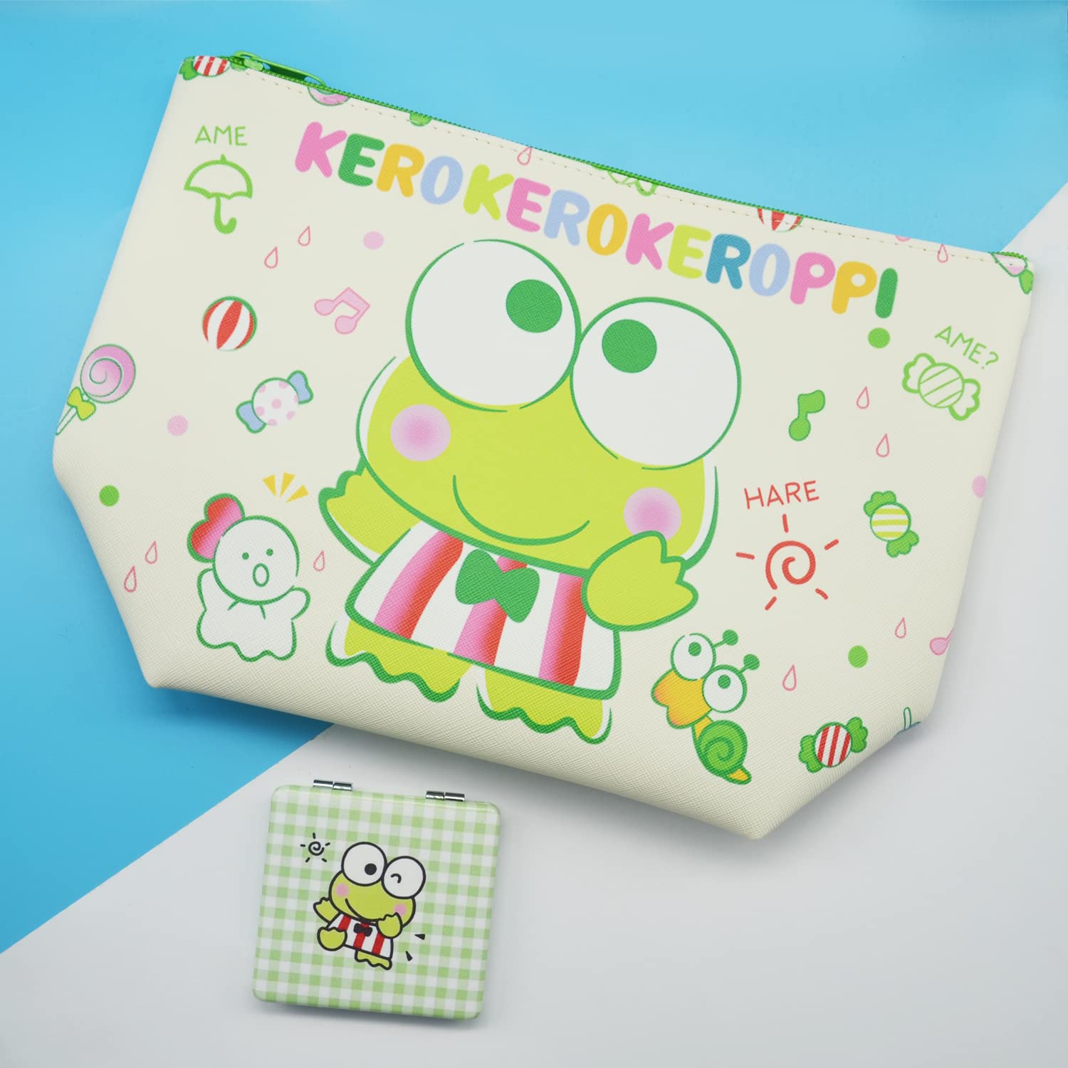 Rondlaho Kawaii Frog Travel Cosmetic Bag with Mirror - Large Capacity PU Makeup Pouch, Zippered Toiletry Organizer for Women | Foldable Storage Bag for Travel, Gym, School & Daily Use