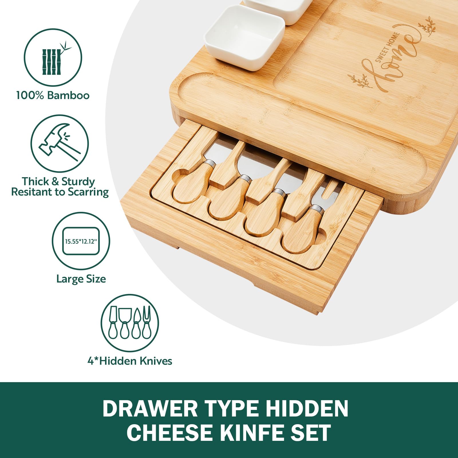 SWEET HOME Premium Wooden Cheese Board & Knife Set - Large Charcuterie Serving Tray for Entertaining, Housewarming Gifts, Wedding Presents | Perfect for Dinner Parties, Wine Tastings & Holiday Gatherings