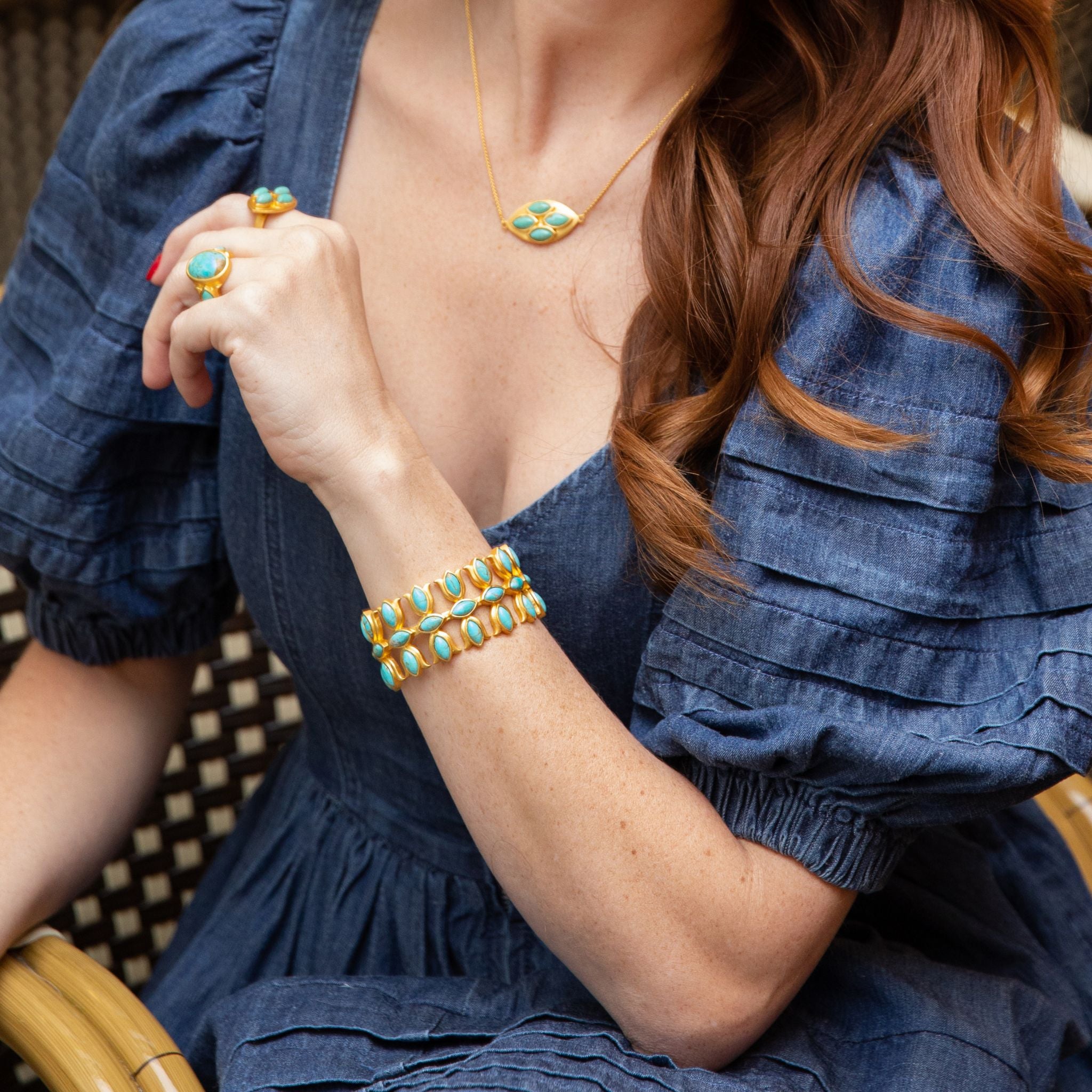 Turquoise Flower Crown Cuff Bracelet - Boho Chic Jewelry for Women, Festival Accessories, Bridal Hairpiece, Wedding Party & Music Festival Outfit Enhancer