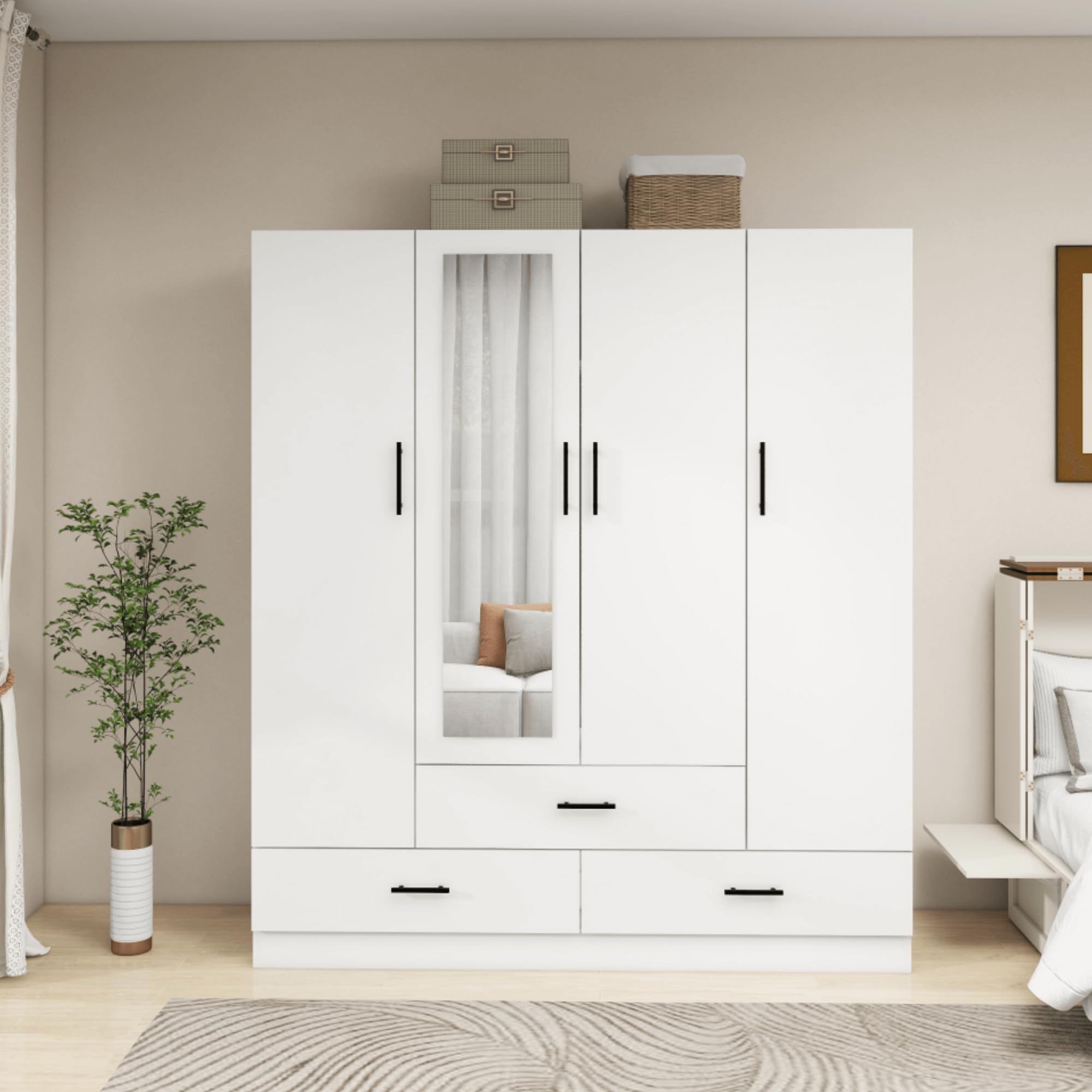 White 4-Door Wardrobe Cabinet with Hanging Rod & Storage Drawers - 71