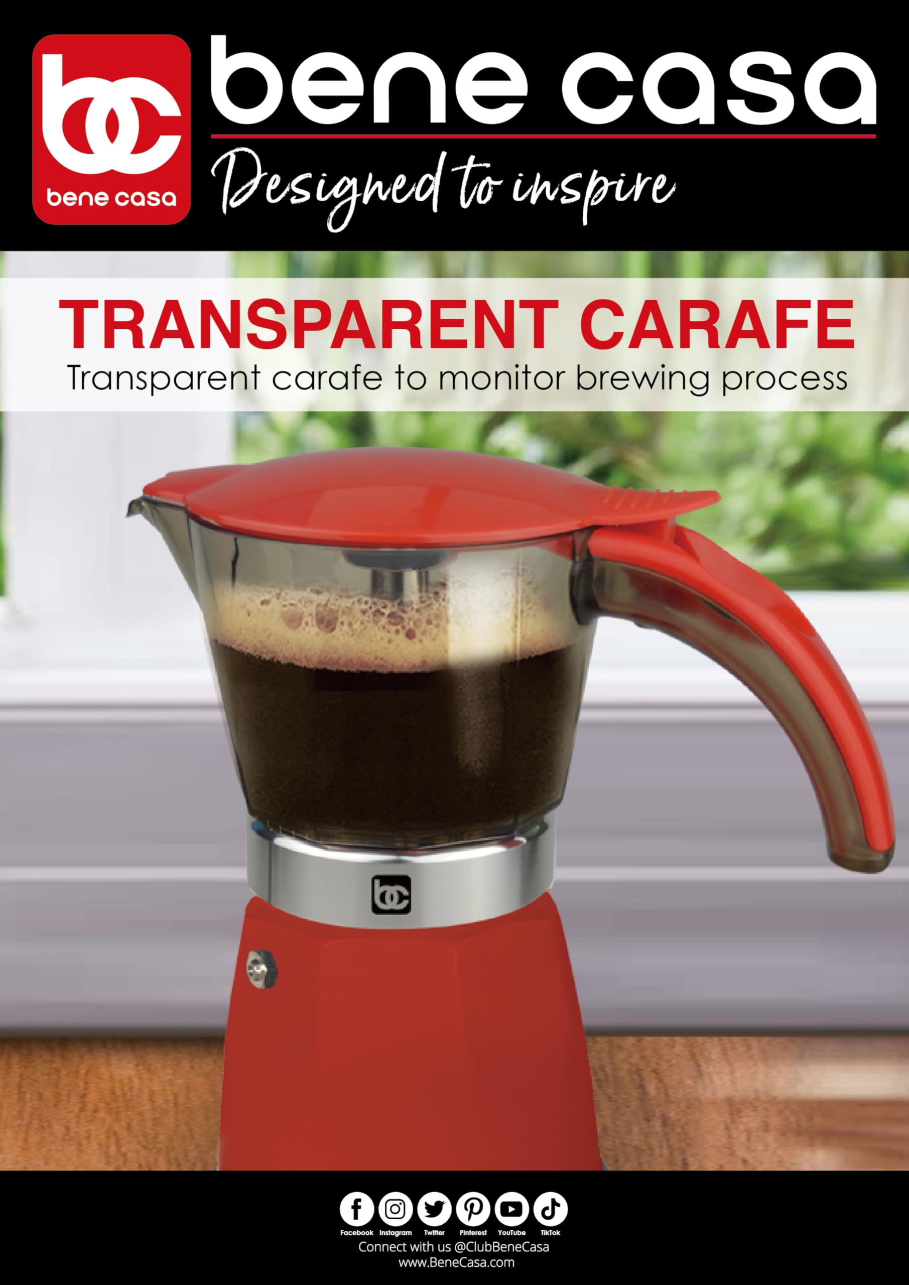 Bene Casa Red Portable Electric Espresso Maker - 3 or 6 Cup Capacity, Fast Heating, Compact Design - Perfect for Home, Office, Travel & Camping Coffee Lovers