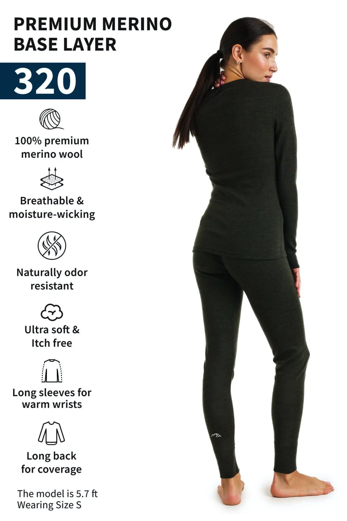 Women's Merino Wool Thermal Underwear Set - 320 GSM Army Green for Winter Warmth & Outdoor Activities