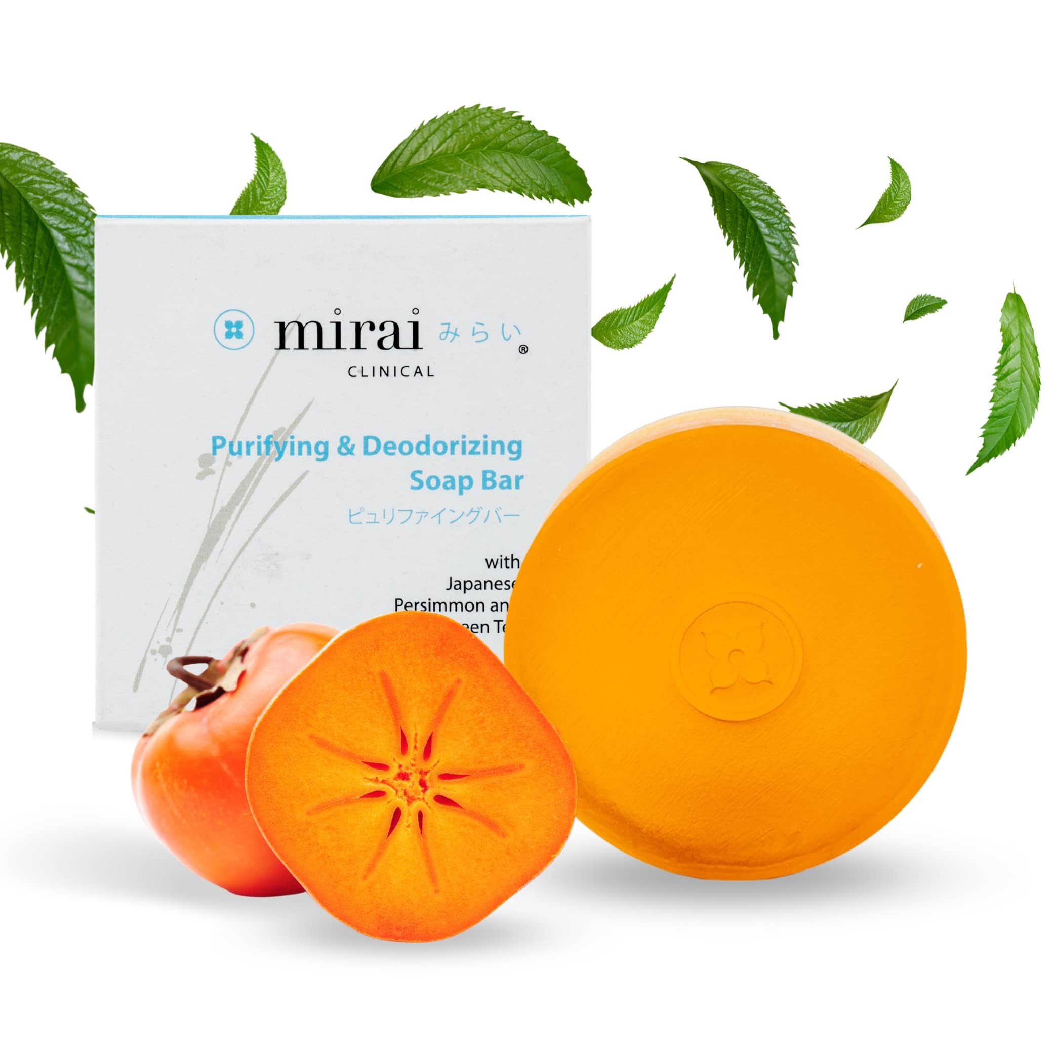 Mirai Clinical Persimmon Soap Bar with Magnetic Holder - Natural Nonenal Odor Eliminator for Women & Men | Easy-Install Shower Wall Mount | Perfect for Daily Hygiene & Sensitive Skin Care