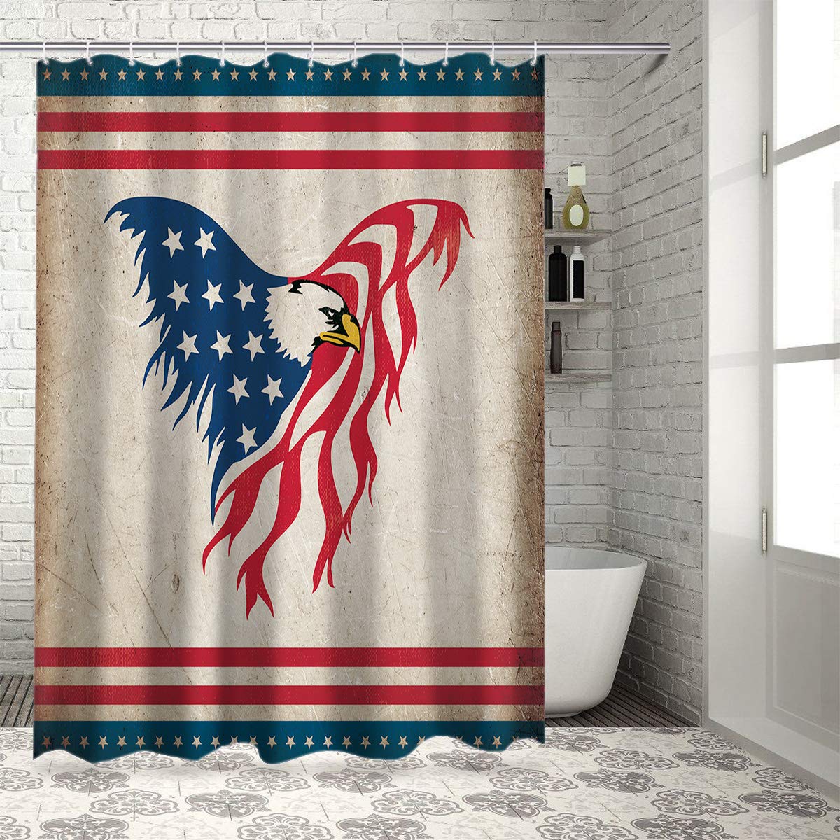 Flying Eagle USA Flag Bath Shower Curtain - Waterproof Polyester Fabric Bathroom Decor with Rustic Red Stripes & Stars (72x72 inches) - Perfect for American-Themed Bathrooms, Patriotic Home Decor & 4th of July Celebrations