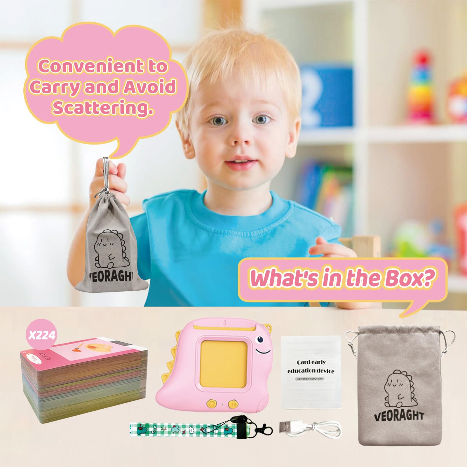 Interactive Dinosaur Talking Flash Cards for Toddlers Ages 2-6 | 224 Sight Words Learning Toys | Autism Sensory & Montessori Educational Gifts for Boys & Girls | Perfect for Preschool Learning, Speech Therapy & Early Childhood Development (Pink)