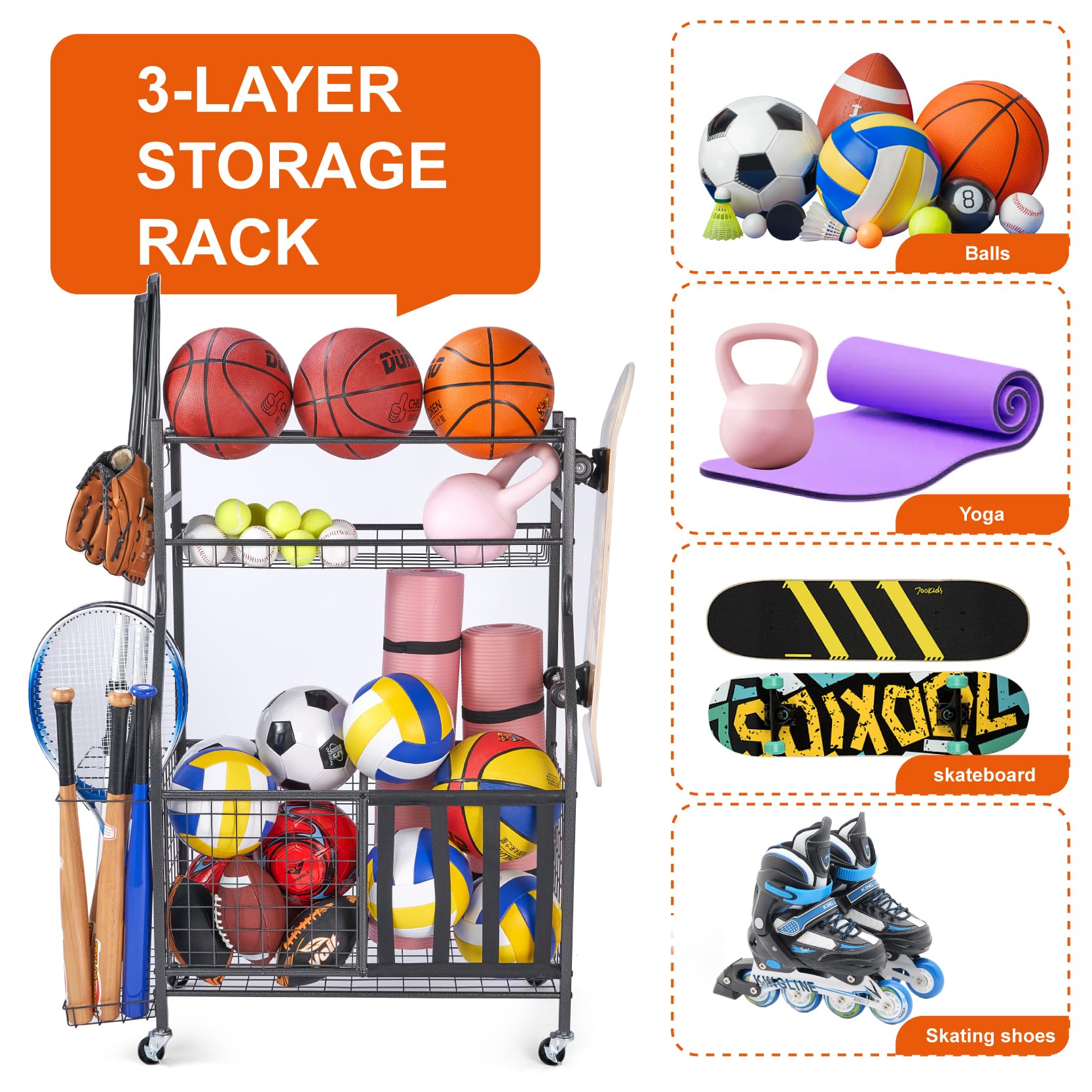 Sinoer Basketball Storage Rack with Wheels - Portable Sports Equipment Organizer for Garage, Gym & Home - Perfect for Basketball, Volleyball, Football & Soccer Ball Storage - Ideal for Sports Enthusiasts & Organized Living Spaces