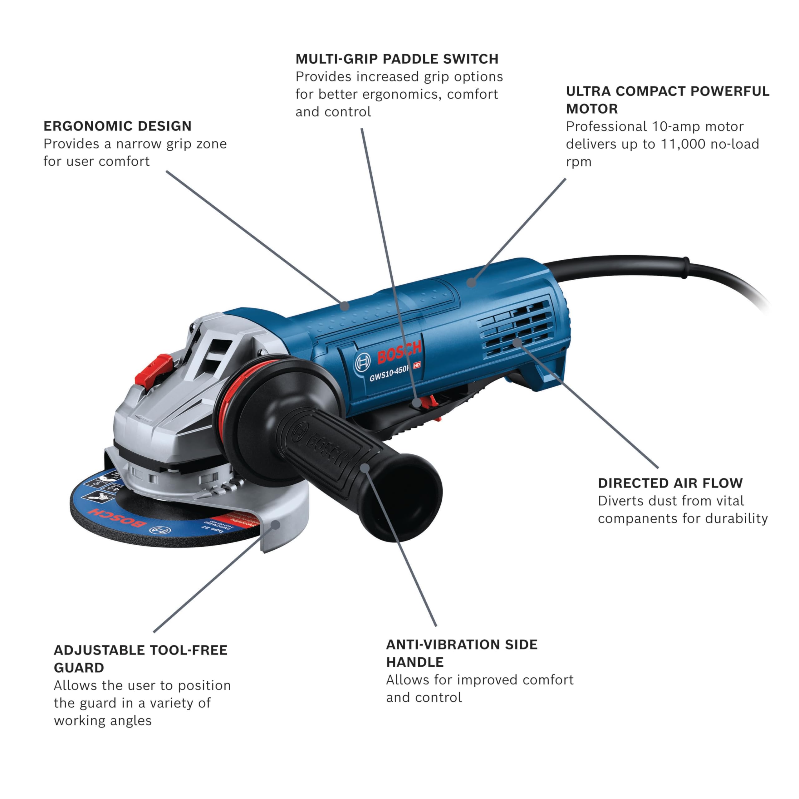 Bosch GWS10-450P 4-1/2 Inch Angle Grinder with Paddle Switch - Lightweight & Ergonomic Power Tool for Metal Cutting, Grinding & Sanding | Perfect for DIY Projects & Professional Construction Work