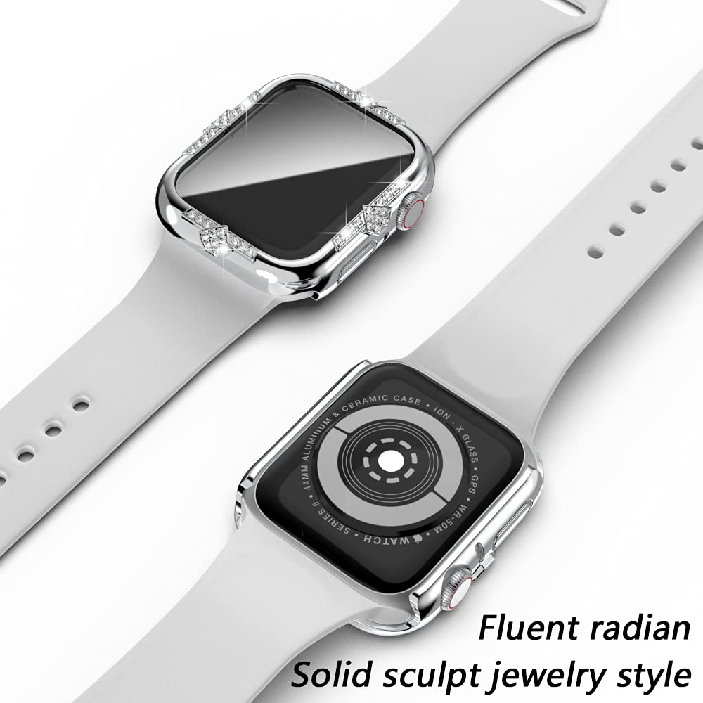 Hard Case for Apple Watch Series 8/7 41mm - Rhinestone Protective Cover with Built-in Glass Screen Protector - Diamond iWatch Face Cover for Women - Silver (Ideal for Workouts, Parties & Everyday Wear)