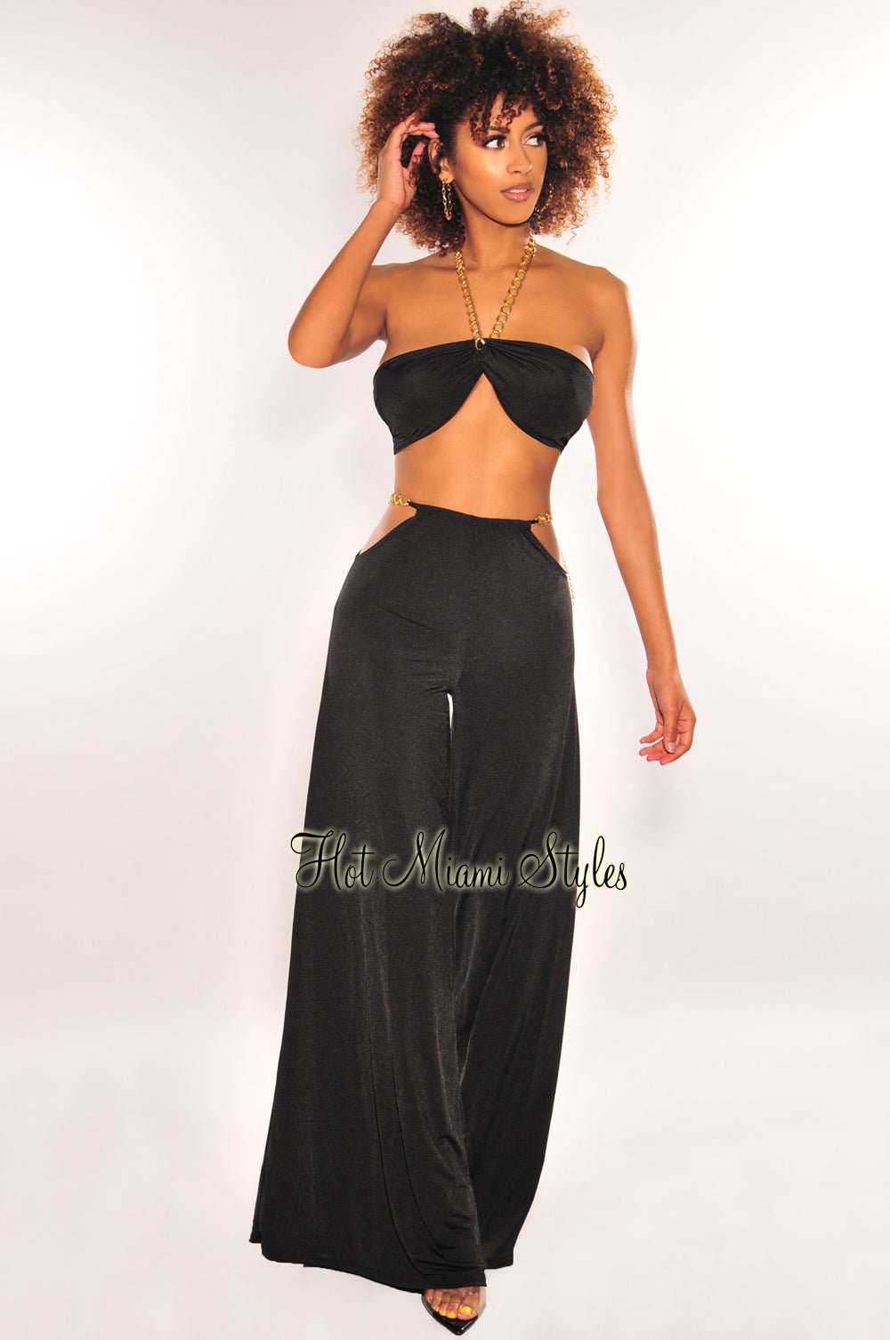 Stylish Black Gold Chain Halter Cut Out High Waist Palazzo Two Piece Set - Trendy Women's Summer Outfit for Beach, Party & Vacation