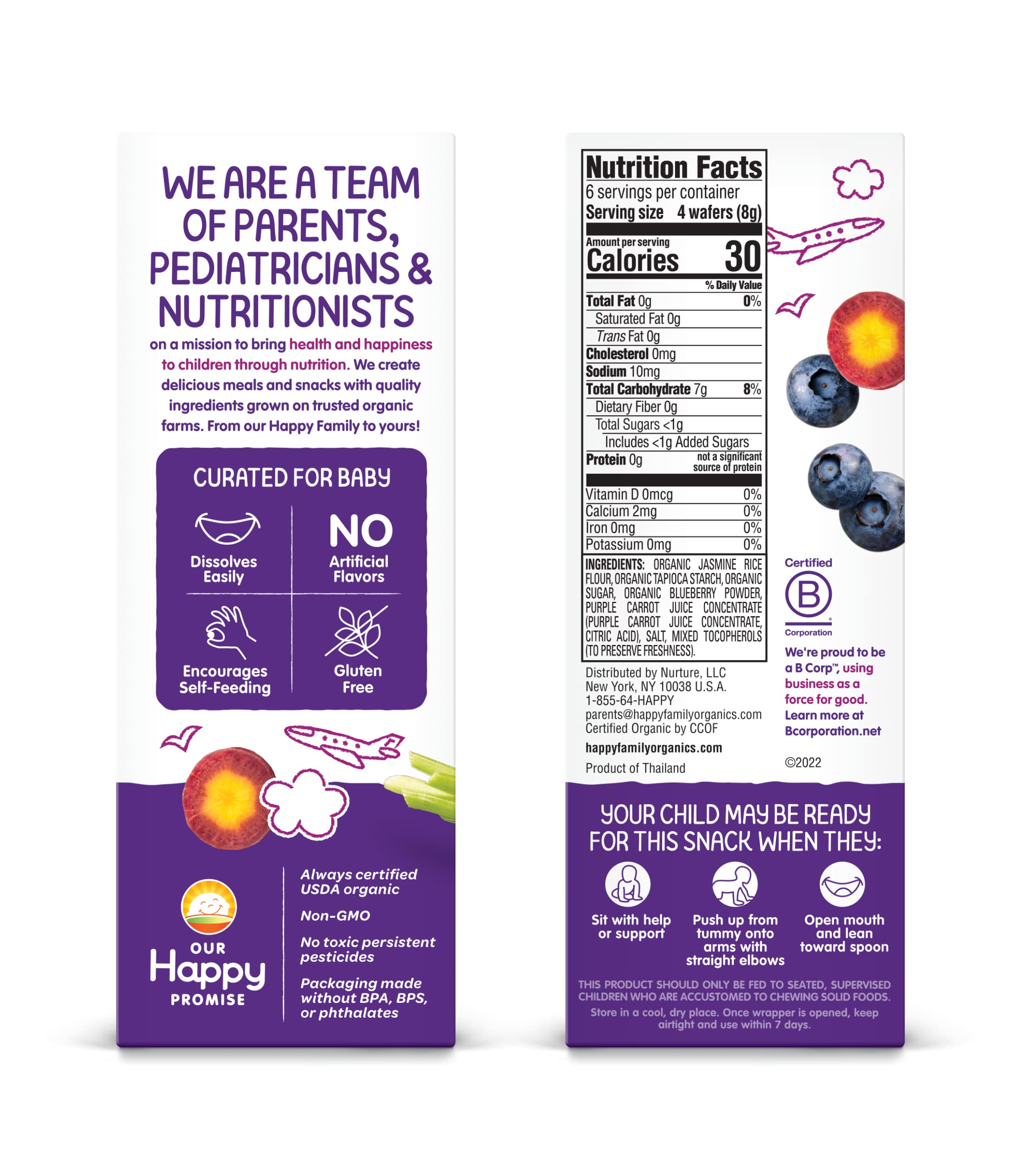 Happy Baby Organics Teething Wafers - Gluten Free, Vegan Baby Snacks with Blueberry & Purple Carrot - 12 Count (Pack of 6) - Perfect for On-the-Go Snacking & Soothing Sore Gums During Teething