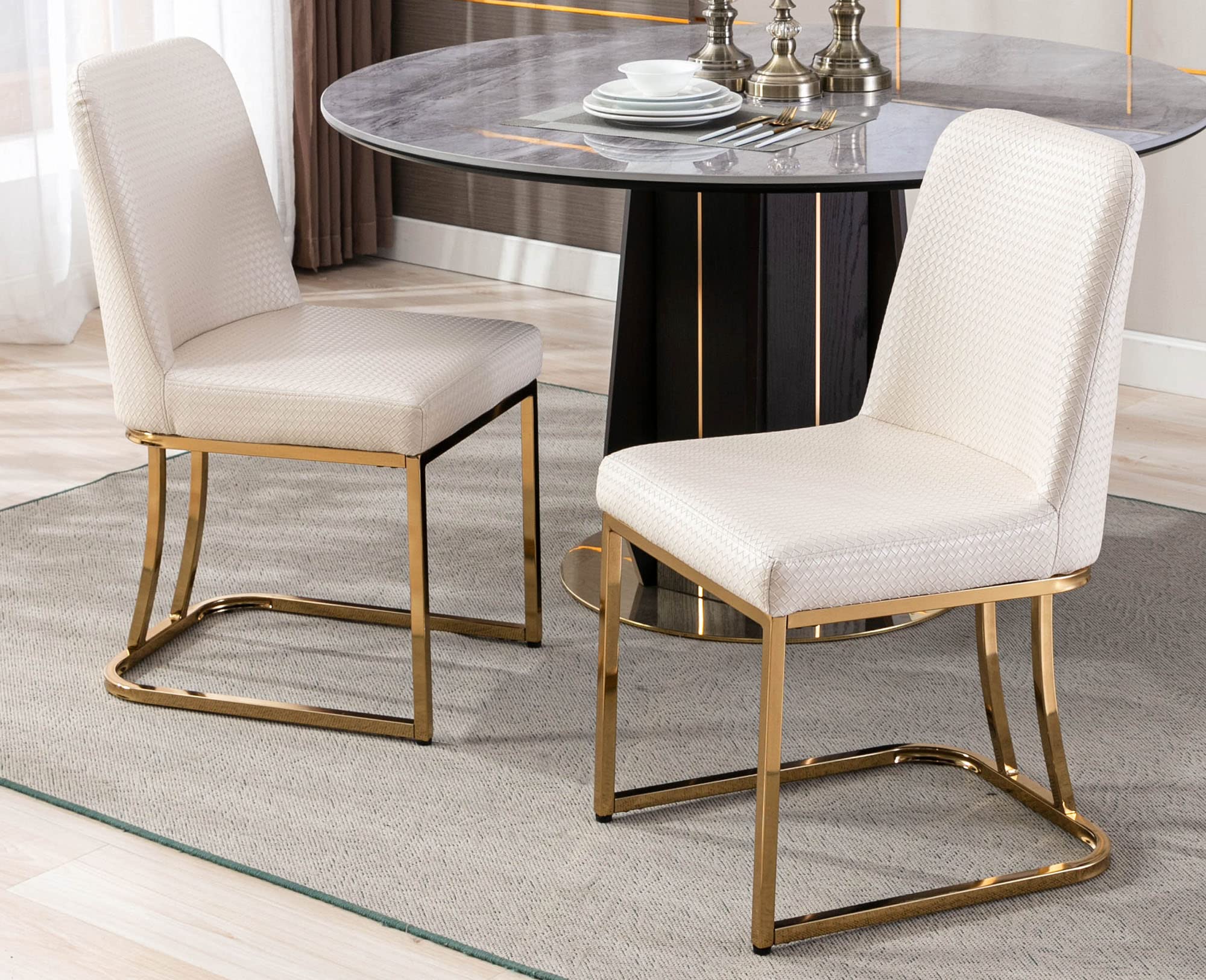VESCASA Mid Century Modern Dining Chairs Set of 2 - Woven Faux Leather Upholstered Seats with Gold Metal Frame - Stylish for Dining Room, Restaurant, Kitchen & Home Decor - Perfect for Entertaining Guests & Family Gatherings