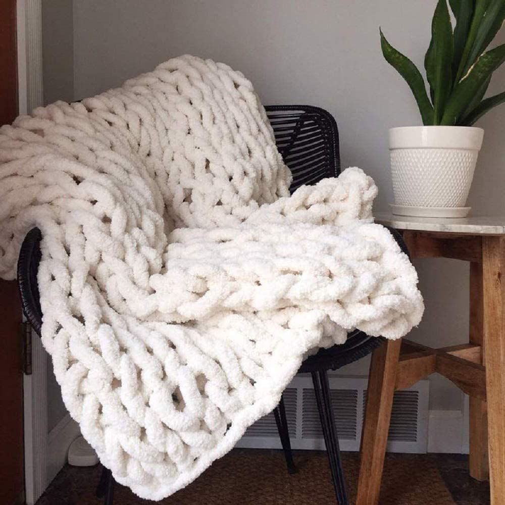 Handmade Chenille Throw Blanket - Ultra Soft Chunky Knit Weighted Blanket for Adults | Luxury Cable Knit Design | Perfect for Bed, Sofa, Chair & Yoga | 47x59 Inches (120x150cm) Beige | Cozy Home Decor & Stress Relief Gift