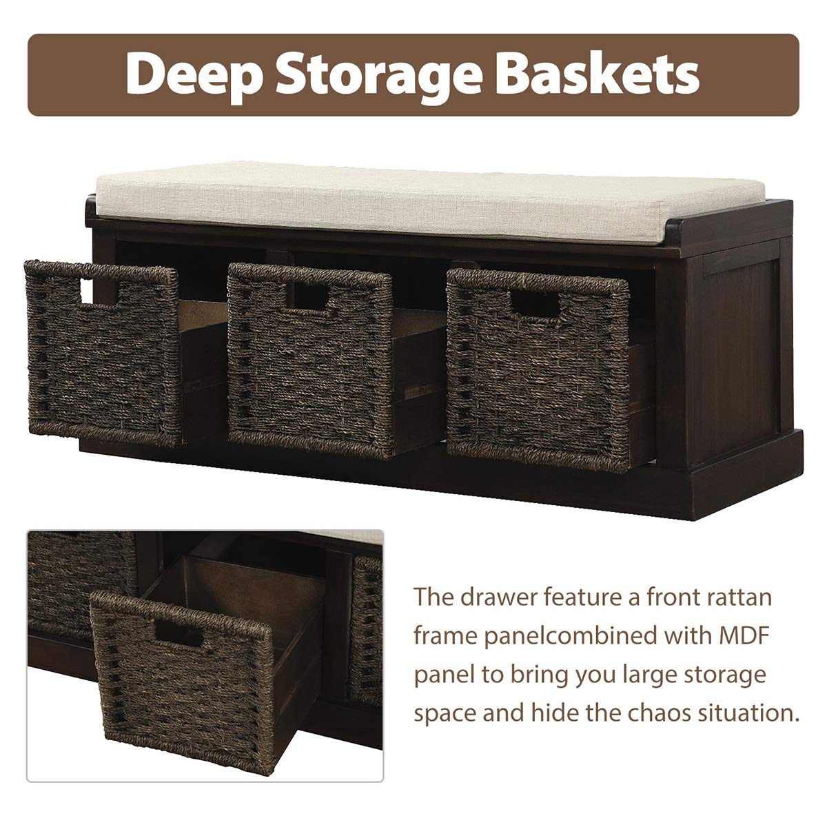 SLEERWAY Shoe Storage Bench with 3 Rattan Baskets & Removable Cushion - Farmhouse Entryway Bench for Mudroom, Living Room, Hallway - No Assembly Required Organizer for Shoes, Hats & Home Decor