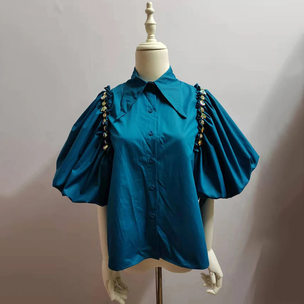 Stylish Black Casual Shirt for Women - Lapel Lantern Sleeve Patchwork Diamond Design Blouse | Perfect for Office, Dating & Everyday Wear