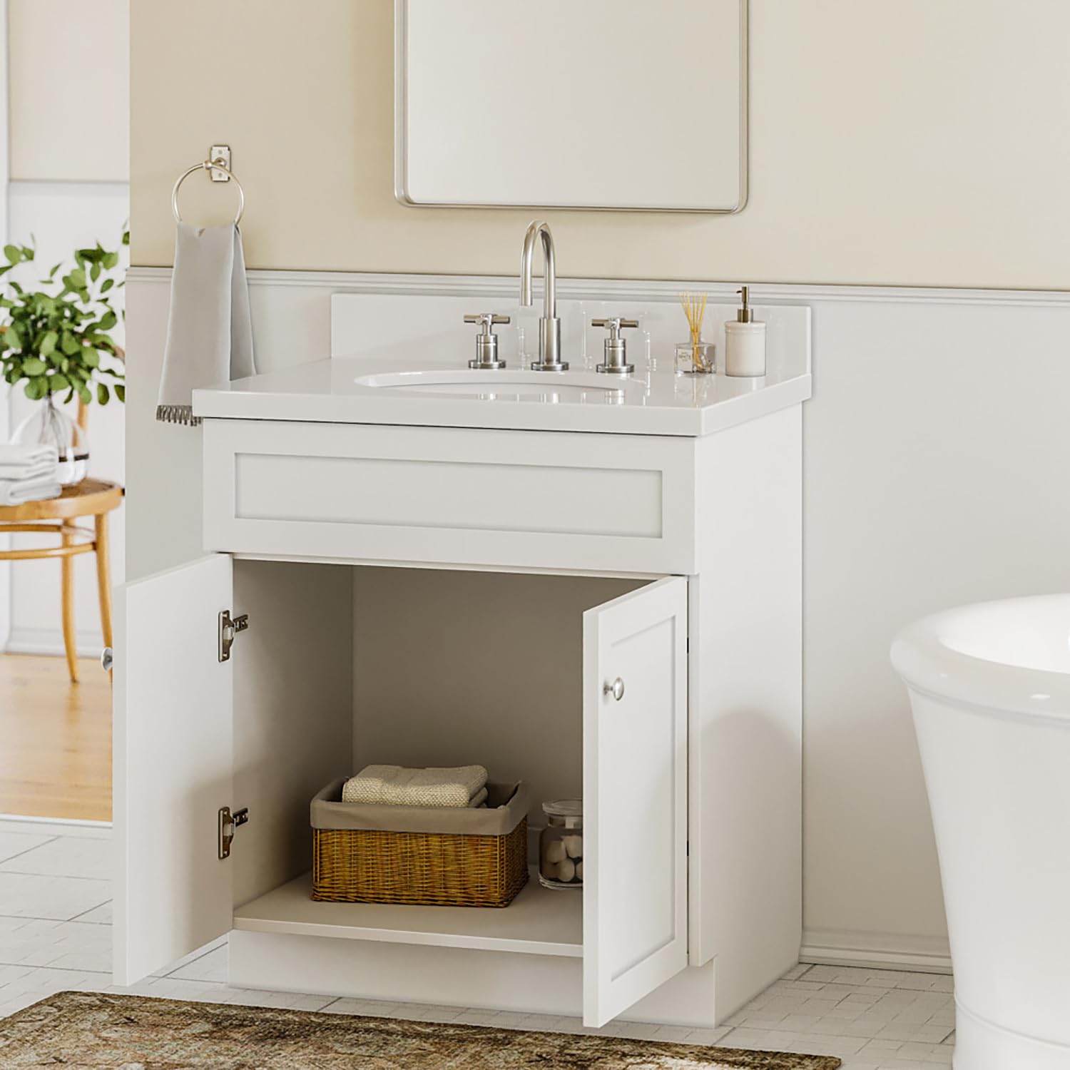Ariel Hamlet 31 Inch White Bathroom Vanity Set with Sink - Solid Wood Vanity Cabinet, White Quartz Countertop, Oval Undermount Single Sink, Soft Closing Doors - Perfect for Modern Bathrooms, Powder Rooms & Home Renovation