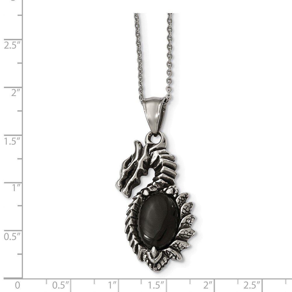 Antique Solid Stainless Steel Dragon Necklace with Black Glass Pendant - Gothic Jewelry for Women, Men - Perfect for Cosplay, Halloween, Gift Giving