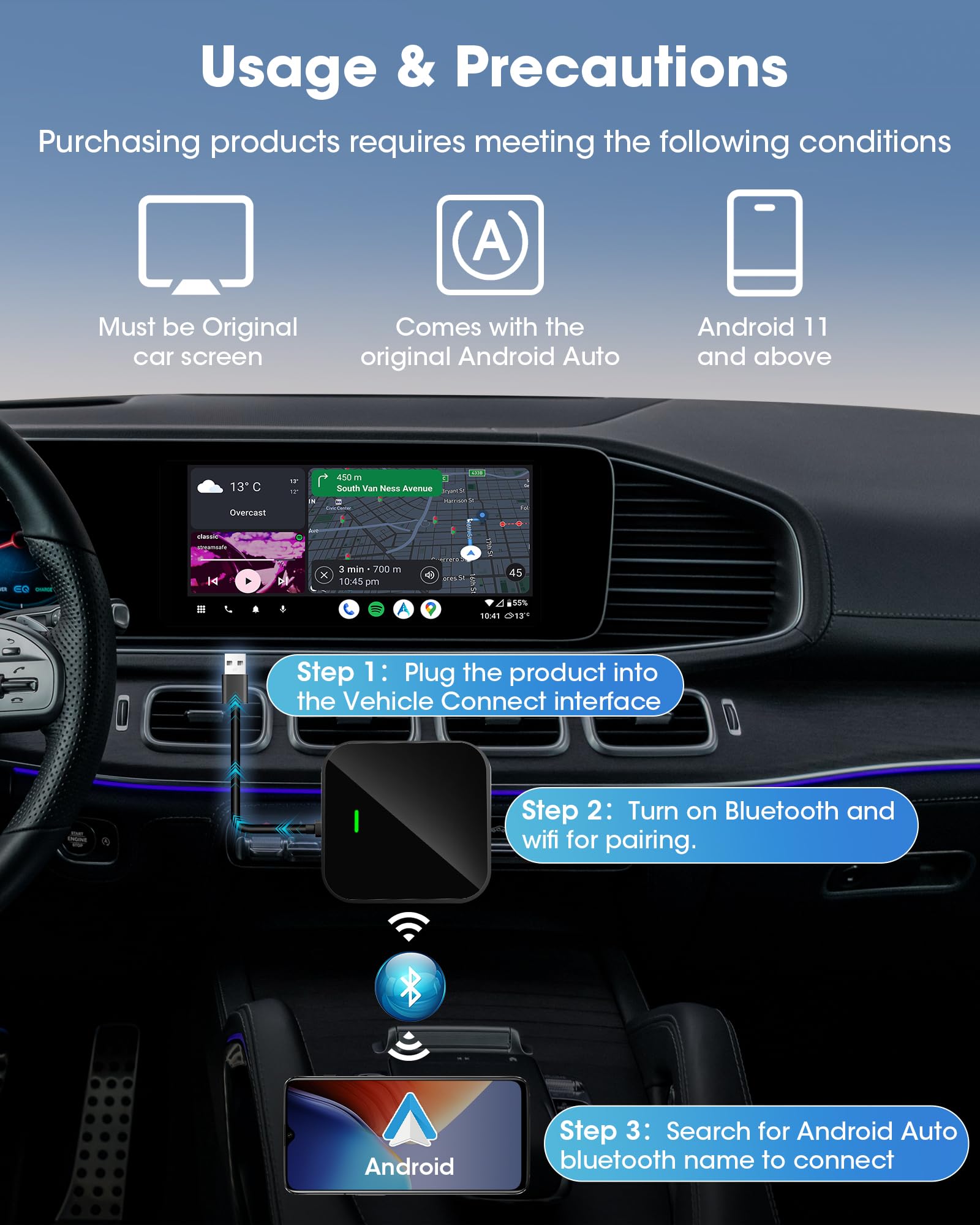 Wireless Android Auto Adapter - Convert Wired to Wireless for OEM Cars | Low Latency & Stable Connection | Compatible with Android 11+ | Perfect for Commuting, Road Trips & Hands-Free Driving