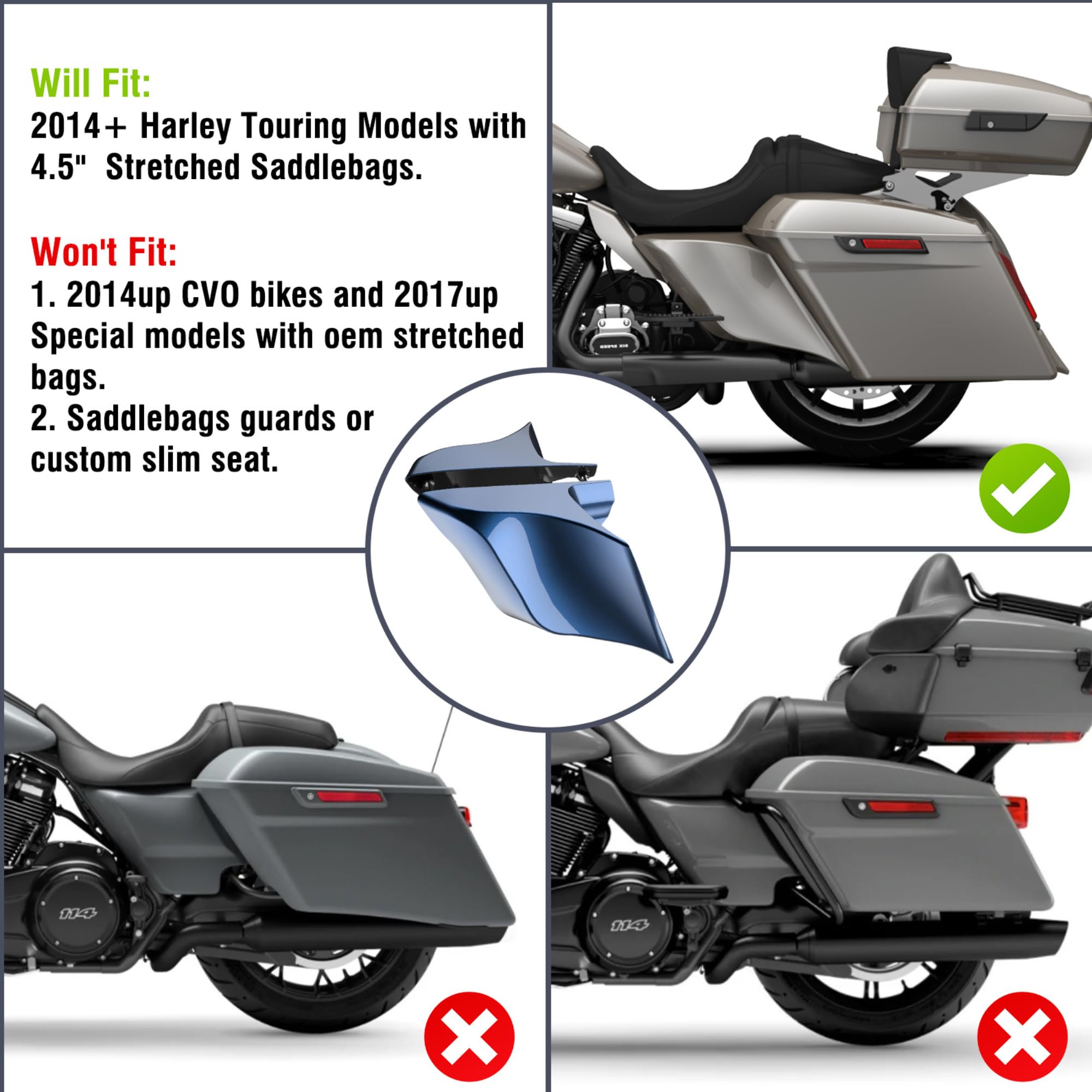 Advanblack Vivid Black Extended Side Covers for Harley Touring Models (2014+) - Street Glide, Road Glide, Electra Glide Ultra Classic | Motorcycle Accessories for Enhanced Style & Protection