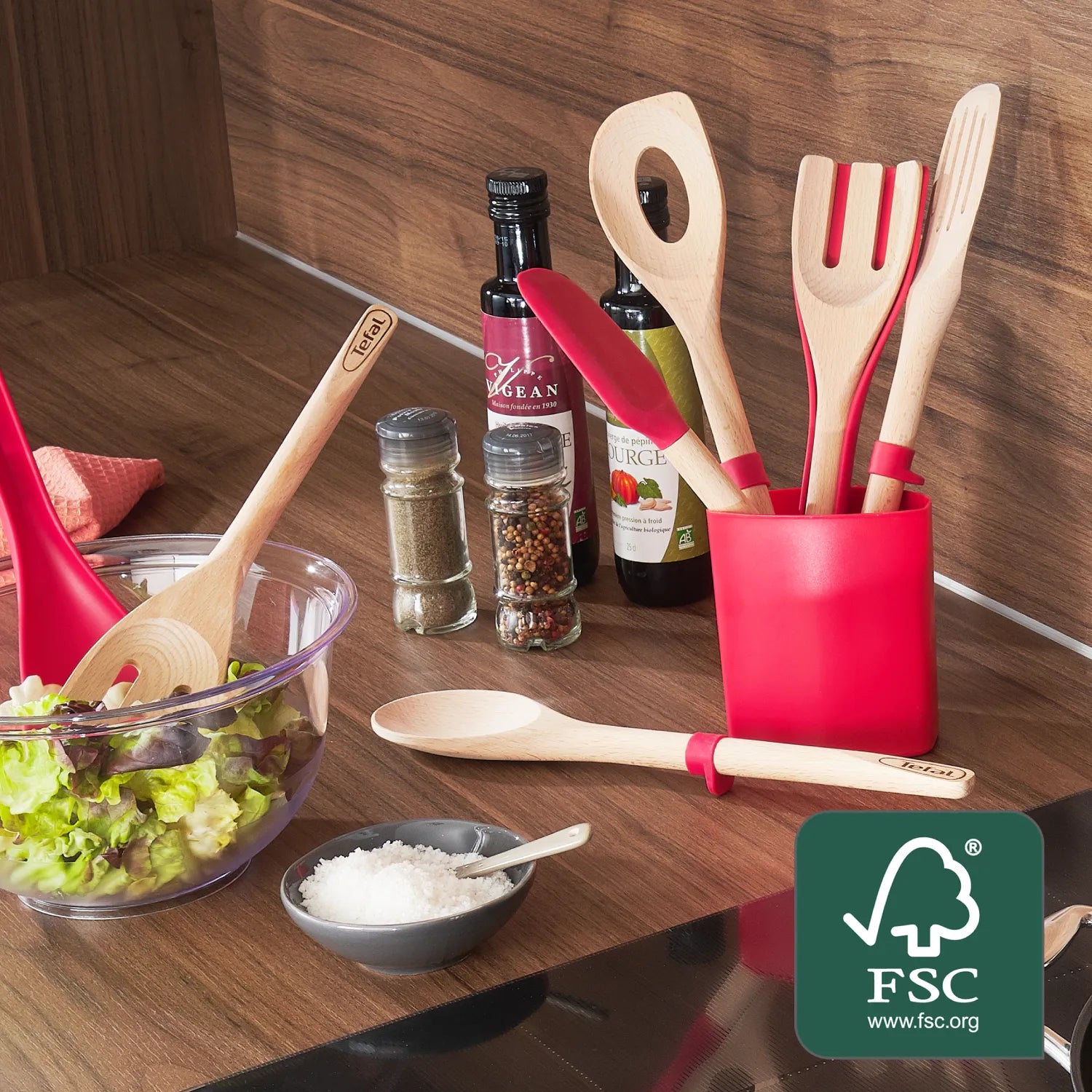 Tefal Ingenio Wooden Angled Spatula K2300814 - Premium Non-Stick Cooking Utensil for Baking, Flipping & Serving - Perfect for Pancakes, Eggs & More