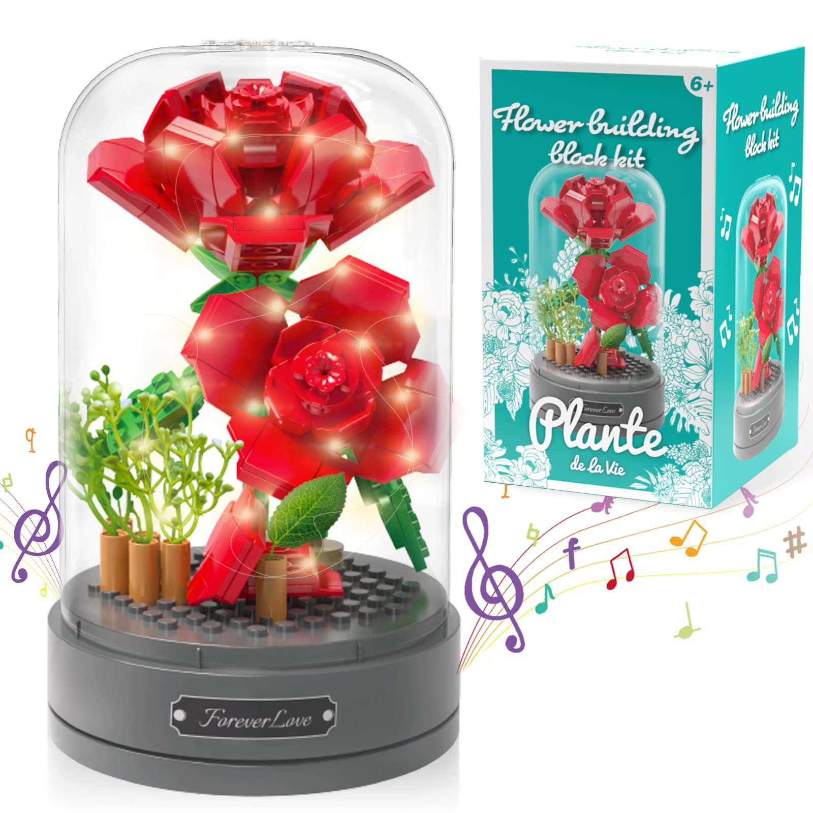 Preserved Rose Flower Bouquet Building Set with Music Box & LED Lights - Artificial Floral Arrangement STEM Toy for Girls Age 6+, Perfect for Mother's Day, Valentine's Birthday Gifts for Women, Mom, Daughter, Wife, Girlfriend - Romantic Home Decor & Special Occasion Present