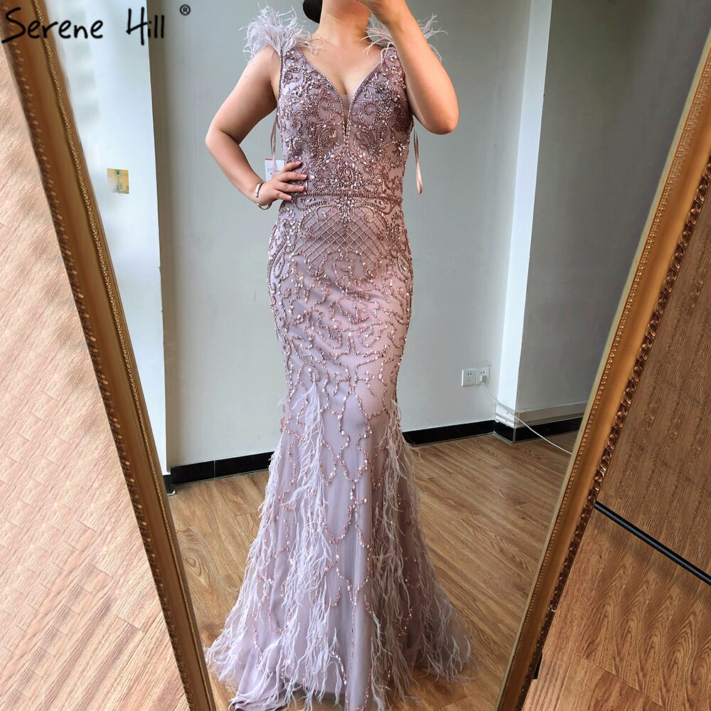 Serene Hill Lilac Mermaid V-Neck Evening Dress 2025 with Feathers & Beading - Luxury Sexy Formal Gown for Prom, Wedding & Red Carpet Events | LA70572
