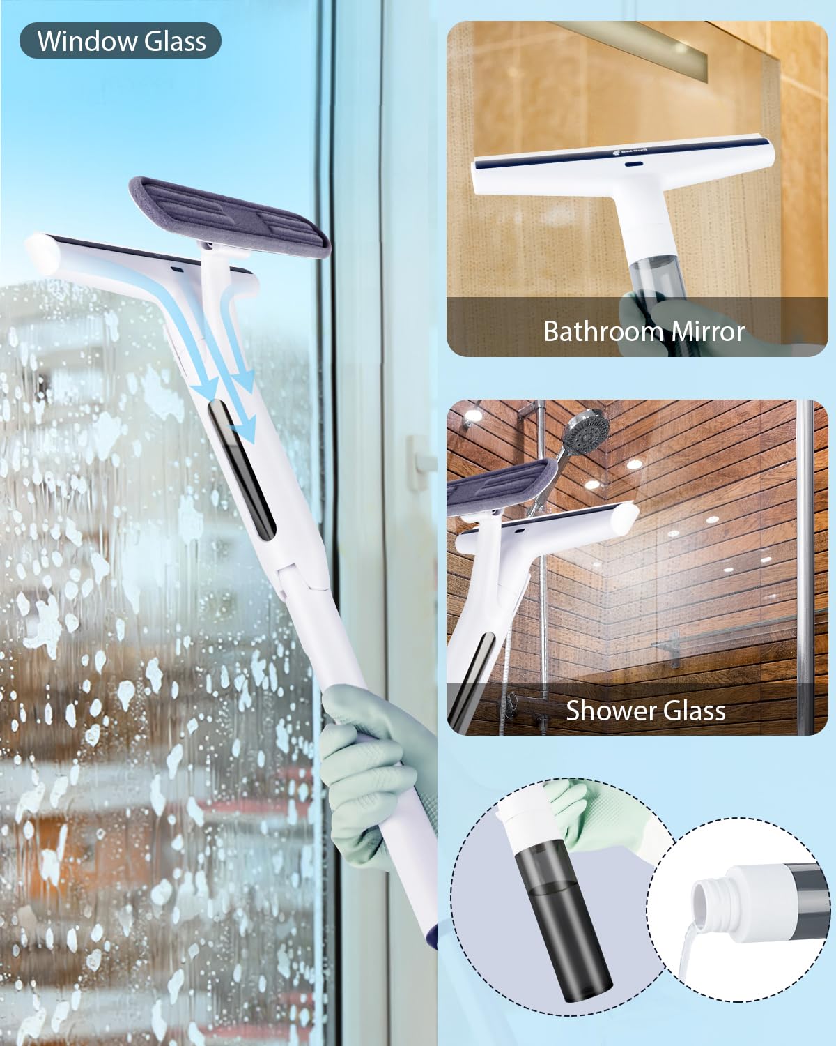 Red Horn Window Squeegee with Long Handle - Professional Mirror & Glass Cleaning Kit with Washable Microfiber Pad & Replacement Blade - Perfect for Windows, Walls, Mirrors, Shower Doors (White) - Ideal for Home, Office, and Commercial Use