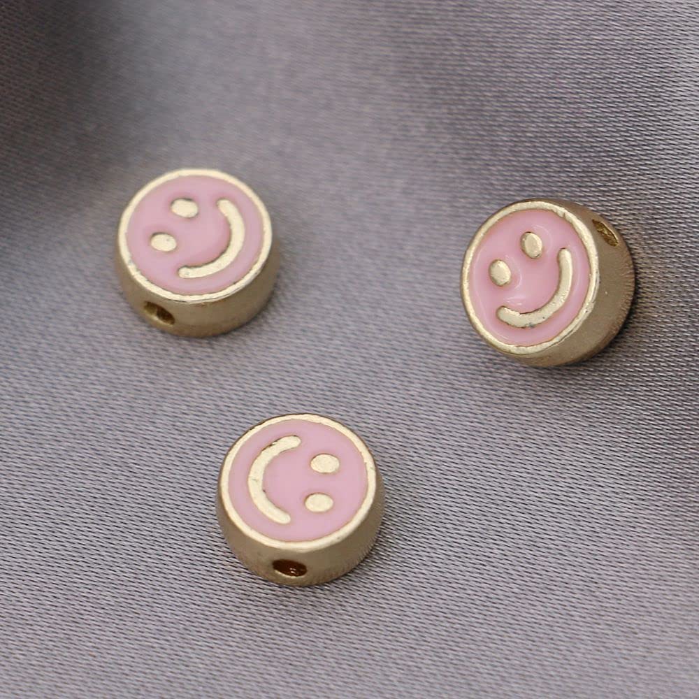 10PCS 8mm Gold Round Smiley Face Spacer Beads for DIY Jewelry Making - Bracelet & Necklace Craft Supplies - Handmade Beading Accessories (Pink) - Perfect for Friendship Bracelets, Boho Jewelry & Gift Making