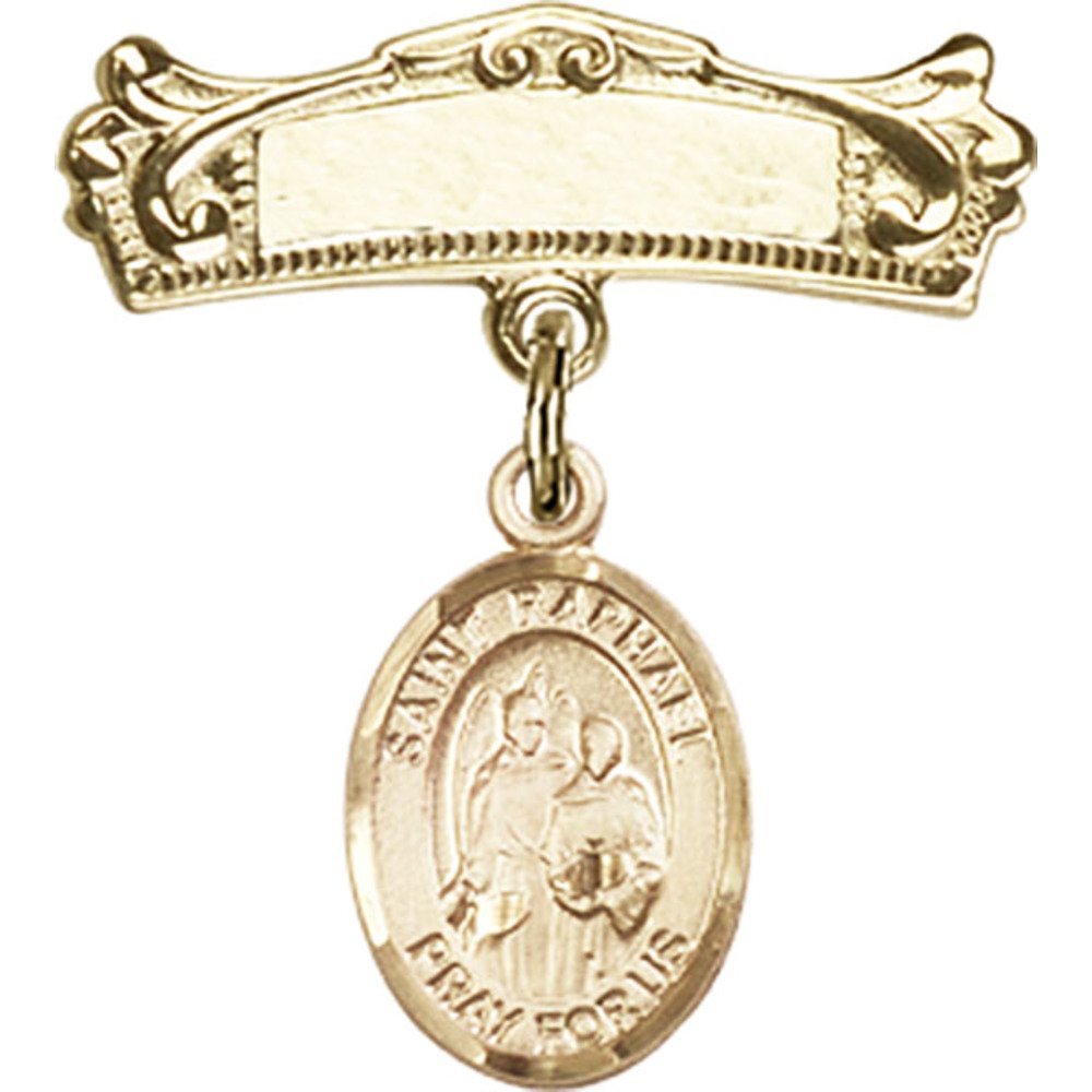 St. Raphael the Archangel Gold Filled Baby Badge Charm - 7/8 X 3/4 Inch Arched Polished Pin for Christening Gifts, Baby Blessings & Religious Jewelry Collections