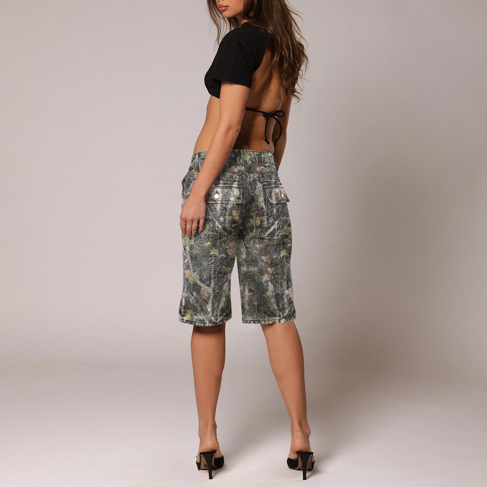 Women's Camo Shorts - Y2K Maple Leaf Print Baggy Jorts, Casual Long Denim Bermuda Shorts with Pockets | Perfect for Hiking, Streetwear & Summer Outfits