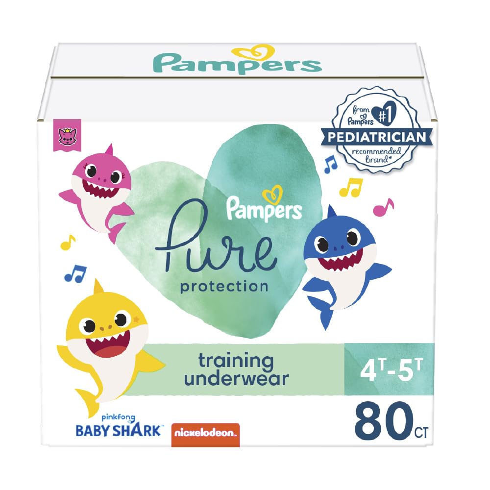 Pampers Training Pants Size 4T-5T (80 Count) - Baby Shark Premium Hypoallergenic Potty Underwear for Toddlers | Soft, Leak-Proof & Gentle on Skin | Perfect for Daytime Potty Training & Overnight Protection
