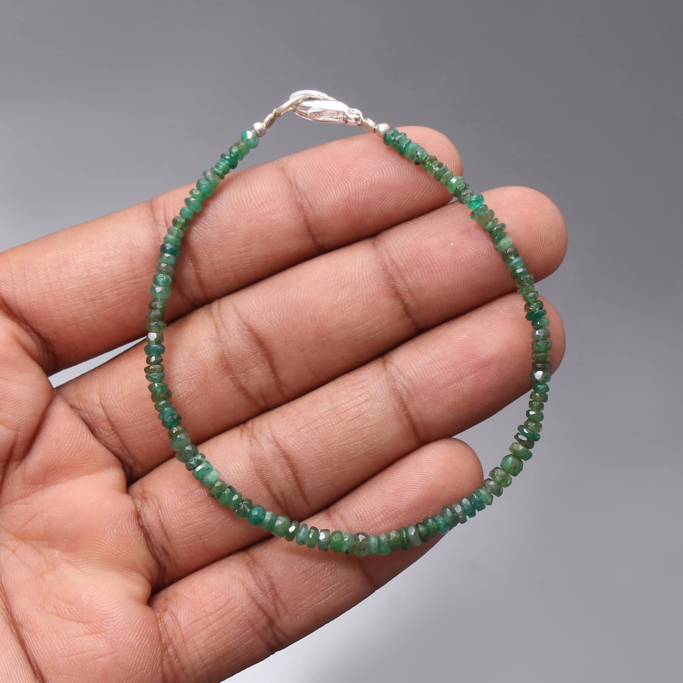Natural Emerald Faceted Round 925 Sterling Silver Beaded Bracelet - Handmade Healing Jewelry for Women, Gift for Mom, Birthday, Anniversary, Meditation & Positive Energy