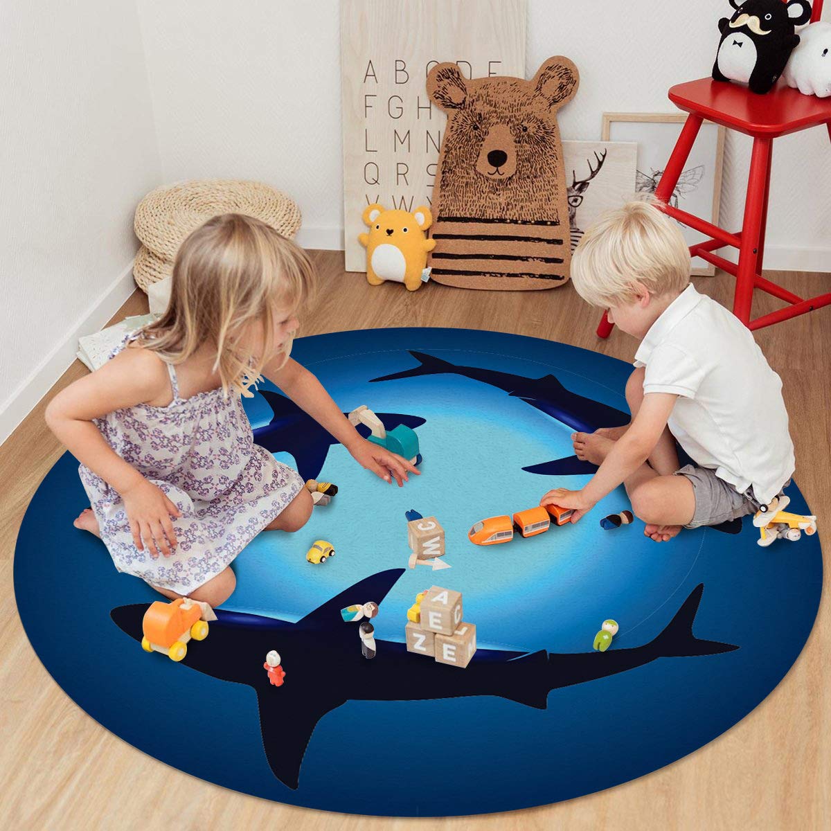 Large Round Area Rug for Bedroom & Living Room - Non-Slip Undersea Shark Silhouette Carpet, 3.3ft Washable Floor Mat in Black & Blue - Perfect for Kids Room, Dorm Decor & Home Office (Thalassophobia Theme)