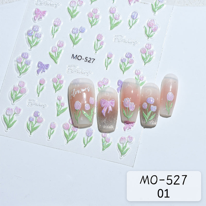 3D Spring Tulip Embossed Flower Jelly Nail Stickers - Set of 3 Designs (MO-527/528/529) for Gel Polish Manicure & Nail Art Decoration - Perfect for Spring Parties, Weddings and DIY Nail Salon