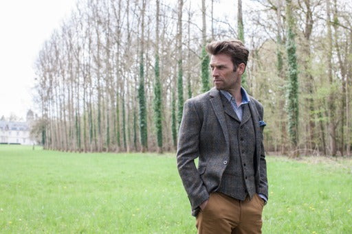Harris Tweed Sumburgh Sports Jacket - Mid Brown Herringbone with Blue & Tan Overcheck | Classic Men's Blazer for Business, Casual & Outdoor Events