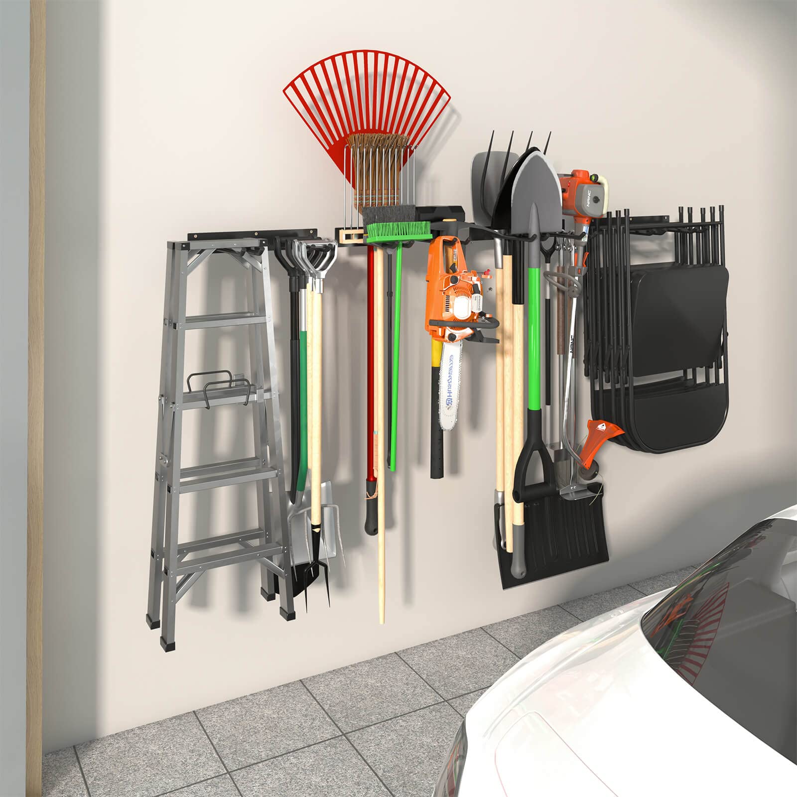 Godboat Heavy-Duty Wall Mount Garage Storage Organizer - 4 Hook Yard Tool Rack with 320 lbs Capacity - Space Saving Garage Shelving for Garden Tools, Bikes & Sports Equipment - Perfect Father's Day Gift for Dad & DIY Enthusiasts (Workshop, Garage, Shed & Outdoor Organization)