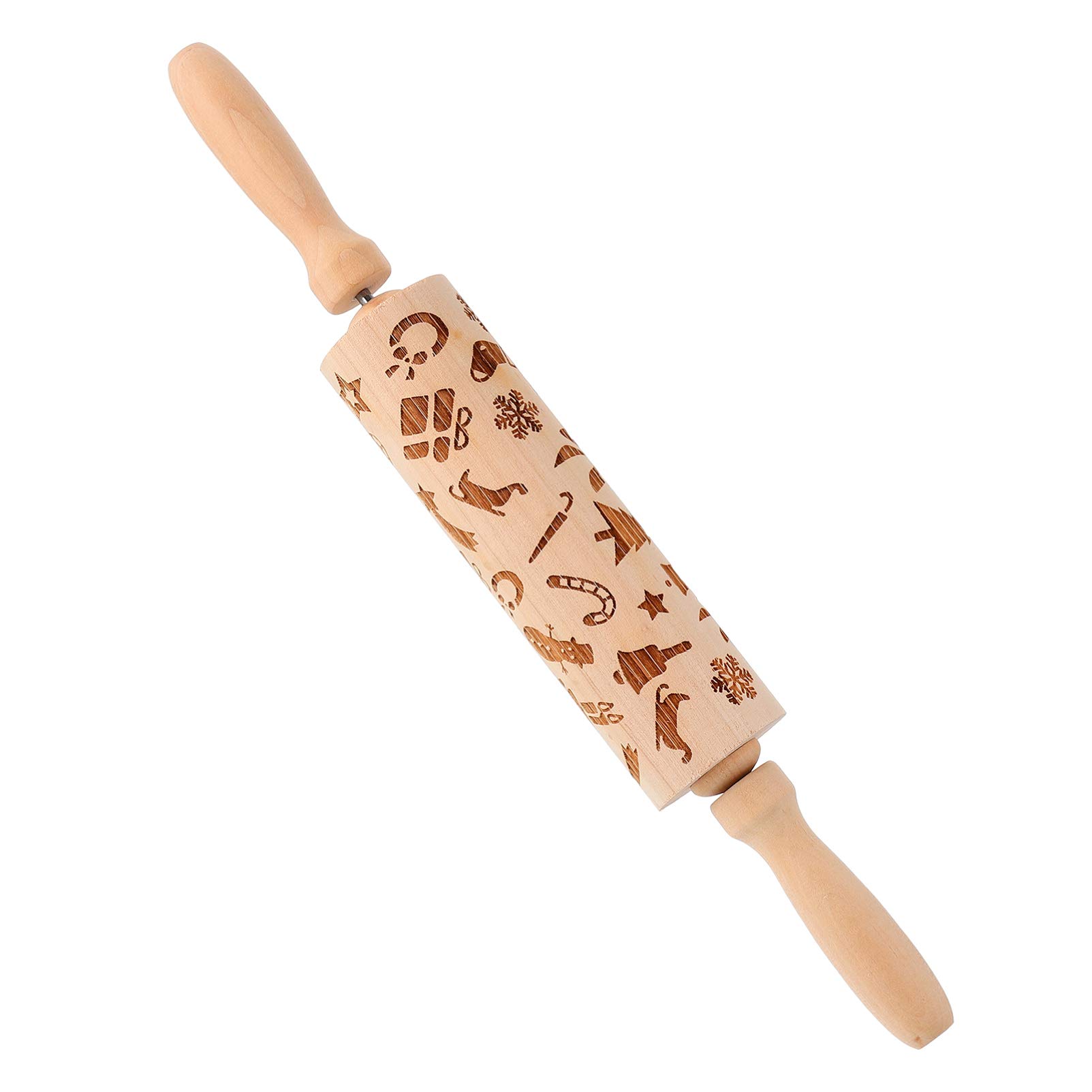 Hemoton Christmas Wooden Rolling Pin - Snowman & Socks Pattern Embossed Dough Roller for Baking, Fondant, Cookies - Kitchen Baking Tool (Khaki) | Perfect for Holiday Cookie Making, DIY Gifts & Christmas Baking Decorations