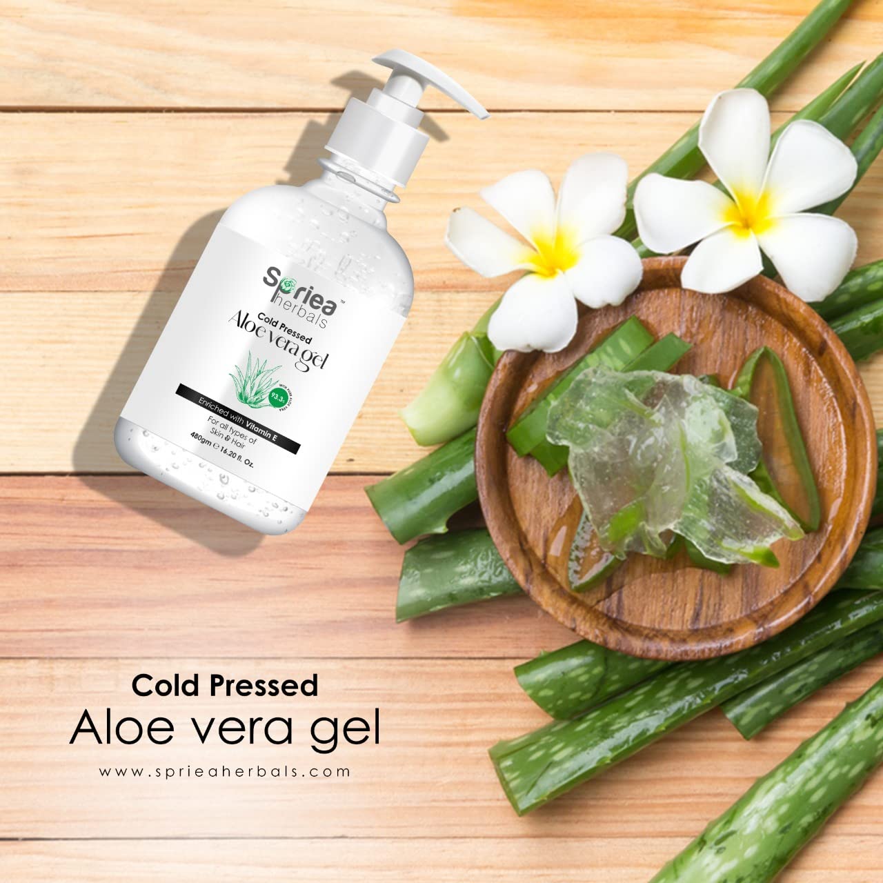 Spriea Herbals Cold Pressed Aloe Vera Gel for Face & Hair - 100% Pure Aloe with Vitamin E - Paraben & Sulfate Free (480g) - Soothes Sunburn, Hydrates Skin & Conditions Hair
