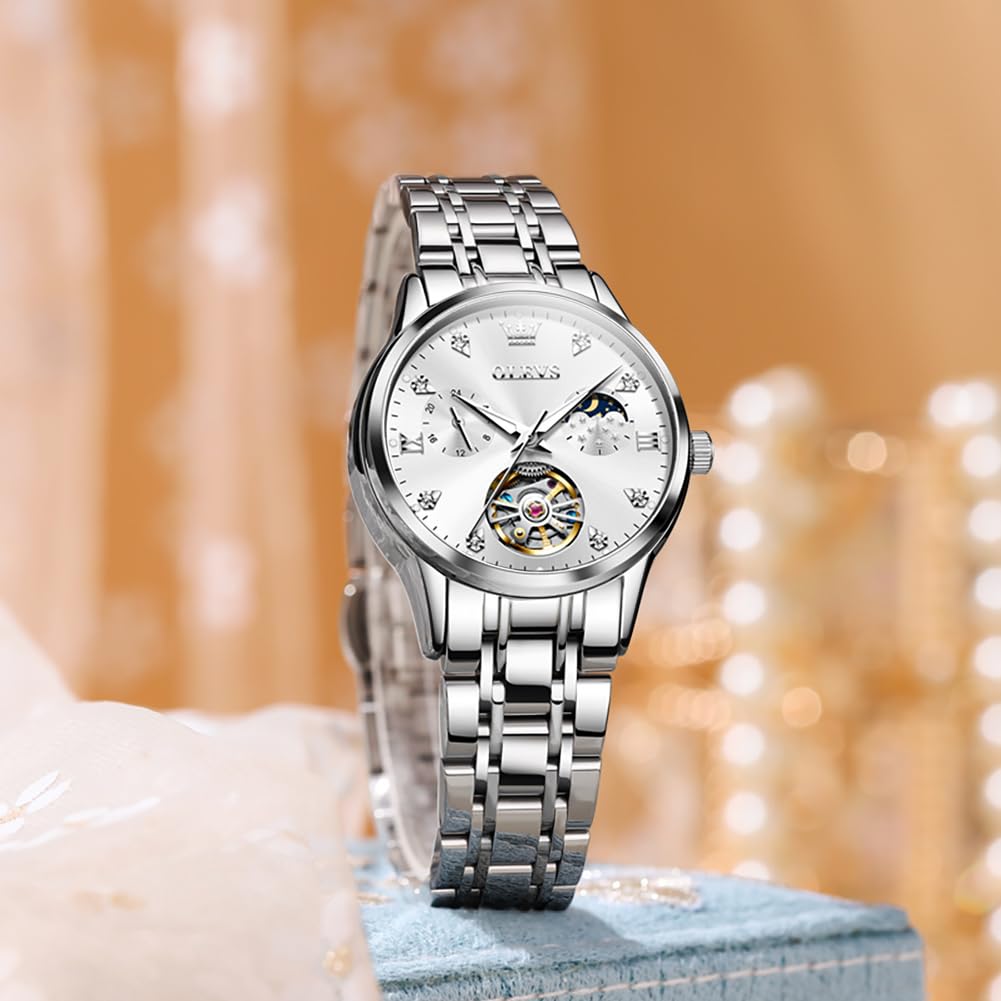 OLEVS Automatic Winding Hollow Skeleton Moon Phase Women's Watch - Stainless Steel Waterproof Ladies Watch with Two-Tone Band | Perfect for Business, Party & Everyday Wear