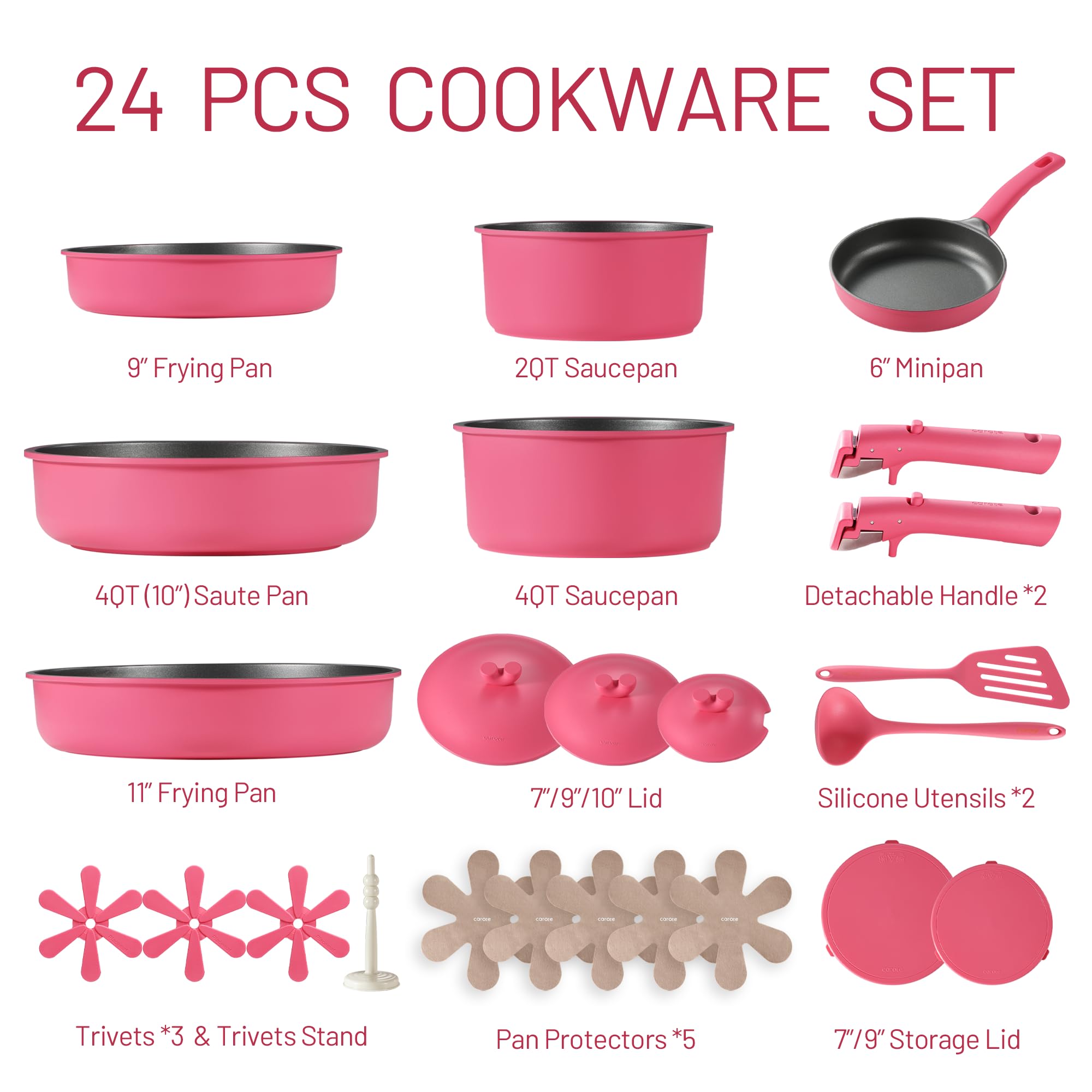 CAROTE 24-Piece Nonstick Pots and Pans Set - Oven, Dishwasher & Fridge Safe - Induction Compatible Cookware with Detachable Handles - Perfect for RV, Kitchen & Gifting (Pink) | Ideal for Home Cooking, Camping & Small Spaces